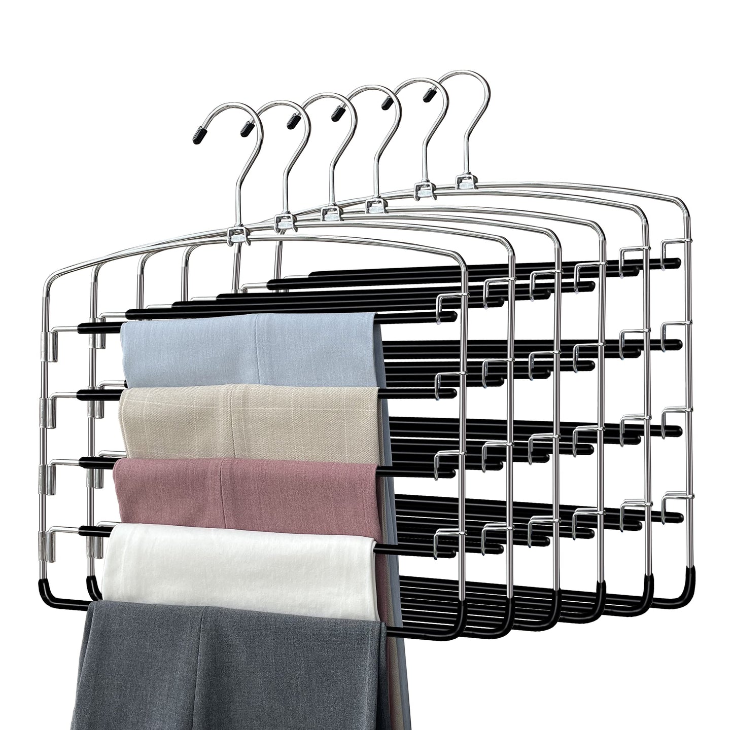 Pants Hangers 6 Pieces5 Tier Closet Organizers and Storage Clothes HangersHangers Space Saving with Swing ArmMultiple Metal Hangers Clothes Organization for Pants Trousers Jeans Leggings Slacks