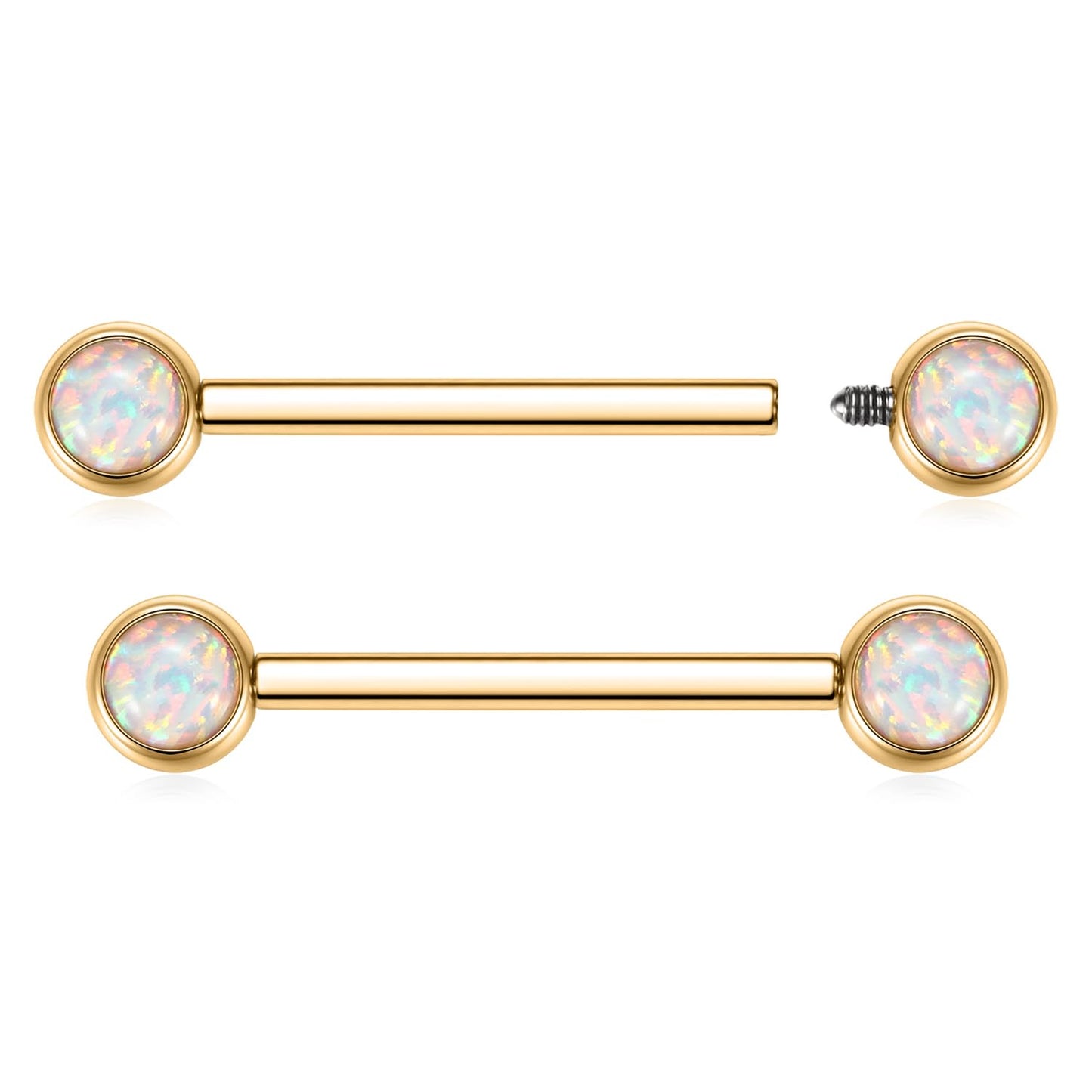 AROWRO Titanium Nipple Barbells Nipple Rings Straight Nipple Piercings 14G Internally Threaded Nipple Jewelry 14mm White Opal Nipple Piercing Jewelry Gold Nipple Titanium Jewelry