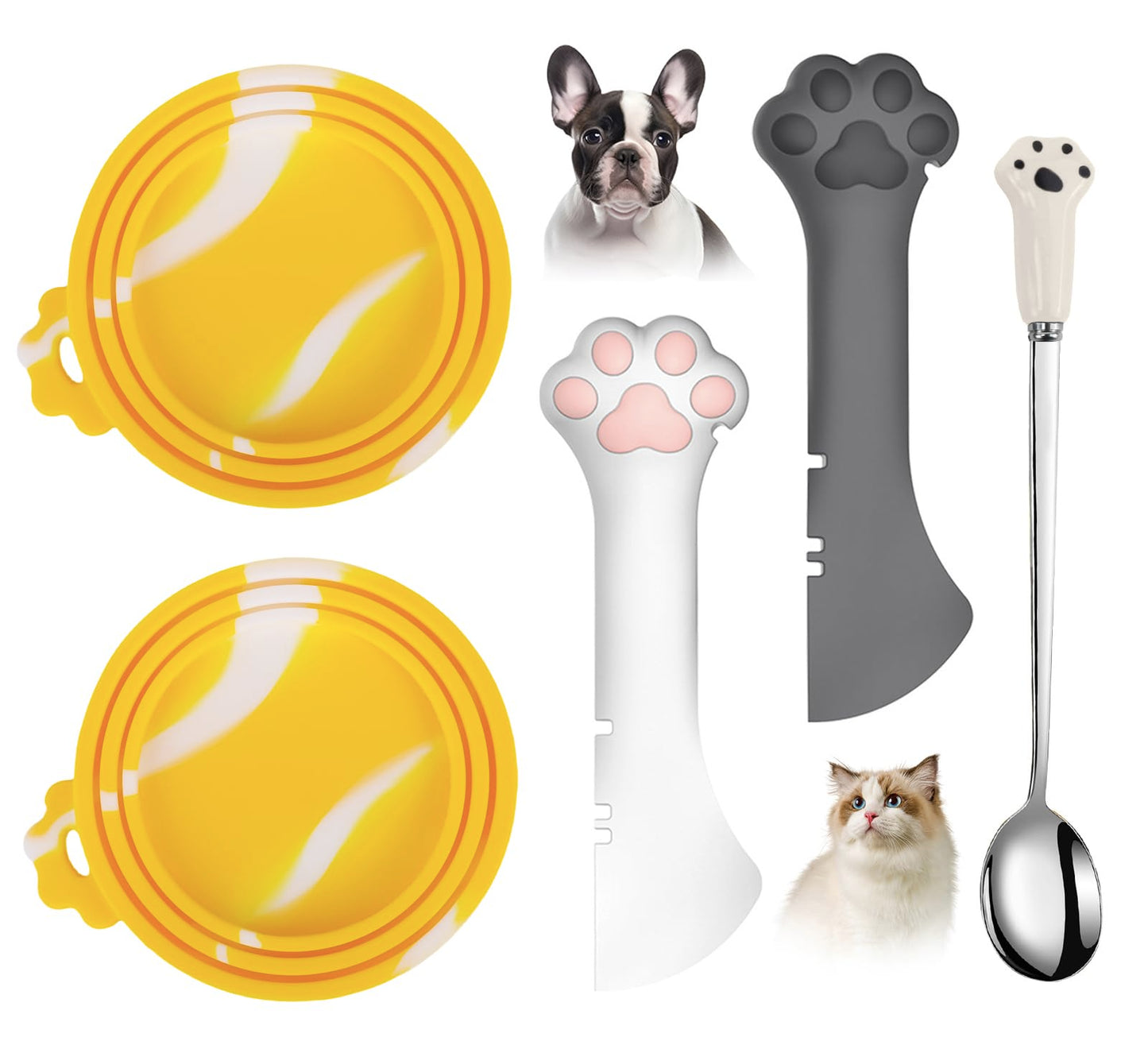 Comtim 5 PCS Pet Food Can Lids & Spoons Set - Silicone Dog Cat Food Can Covers Lids Top/Multi-Function Cat Food Spoon Spatula Can Opener for Wet Food/Long Handle Spoon Easy to Scoop Food