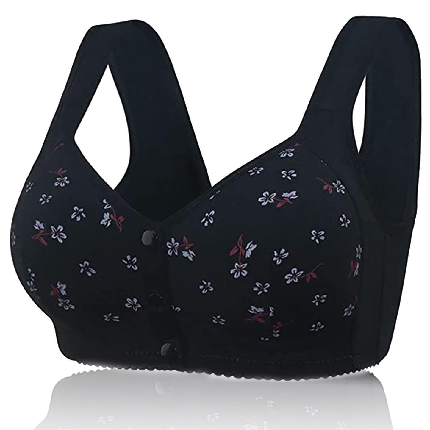 FHTECO Senior Women Daisy Bras Plus Size Front Closure Bras T-Shirt Bras Comforable Wireless Bra Breastfeeding Bras (S 1#Black)