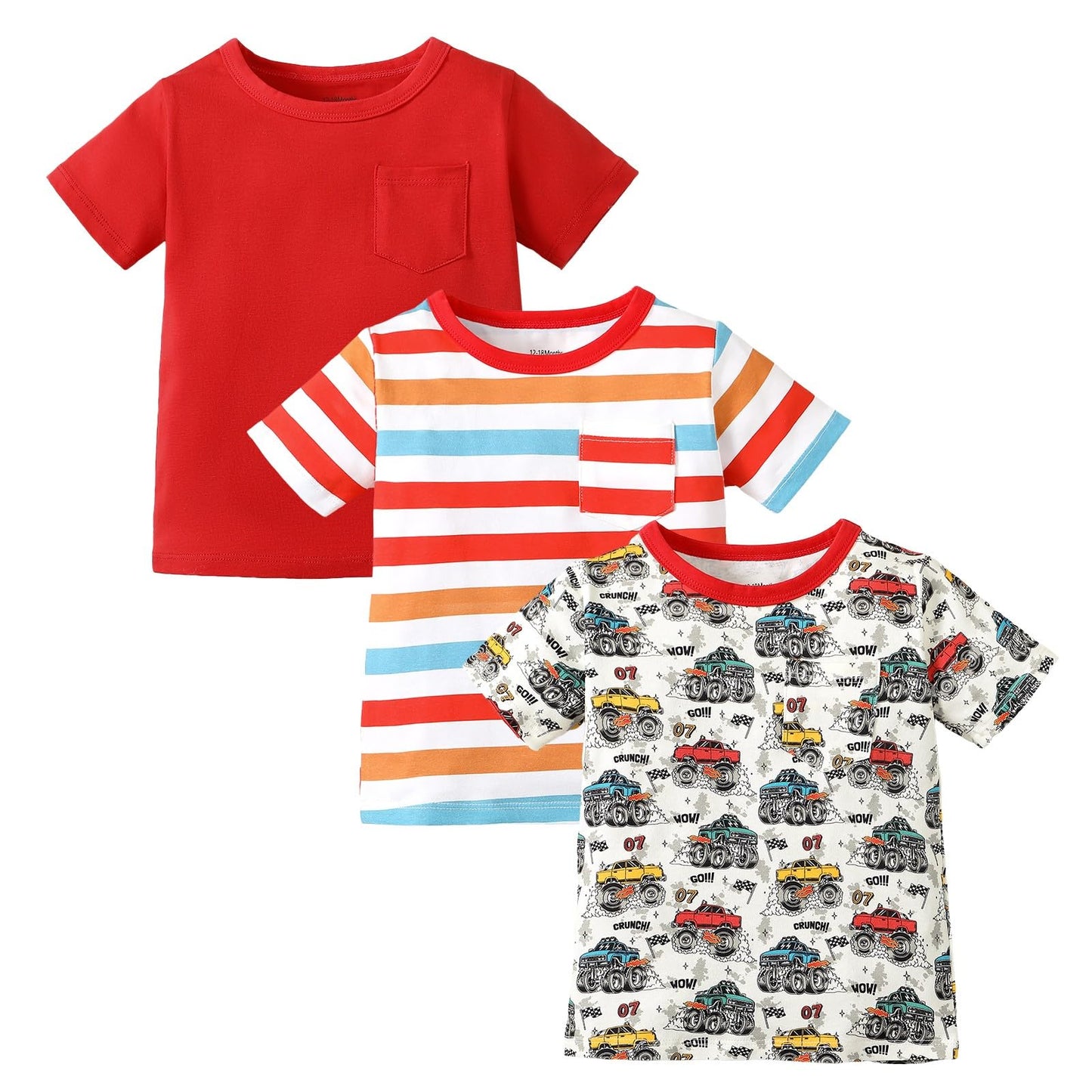 OPAWO Toddler Boy Shirts Short Sleeve Graphic Tees Shirts Monster Truck Shirt + Striped Shirt + Solid Red Pocket T-Shirts 3-Pack 4T(4-5Years)