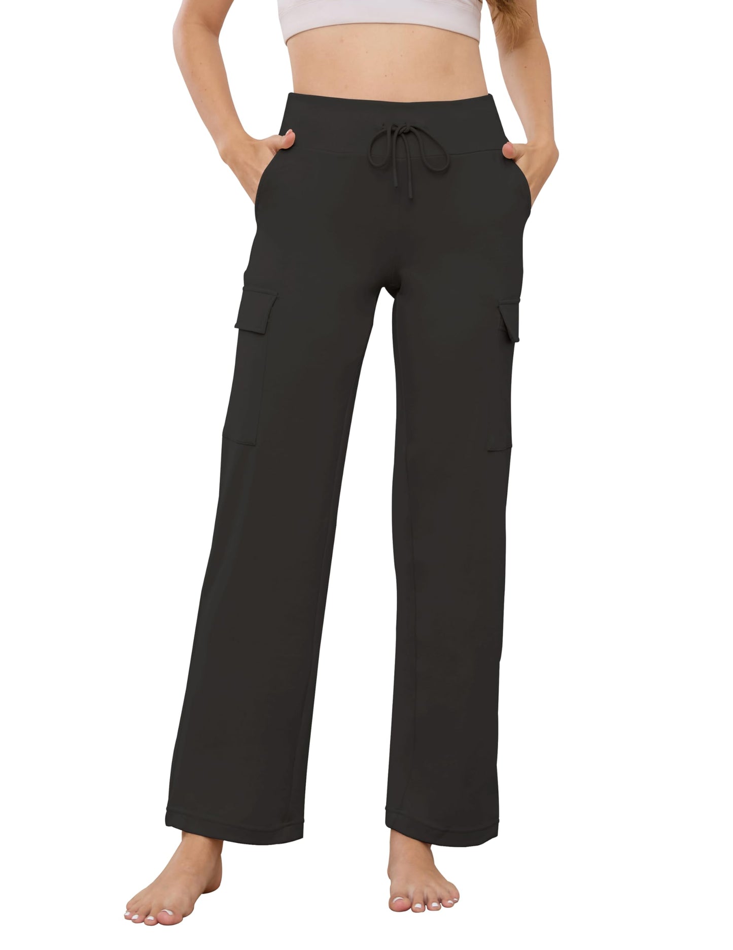 Wide Leg Cargo Yoga Pants for Women Stretchy Pull On Drawstring Yoga Pants Woman Gym Casual Lounge Workout with 4 Pockets Slacks 29" Black S