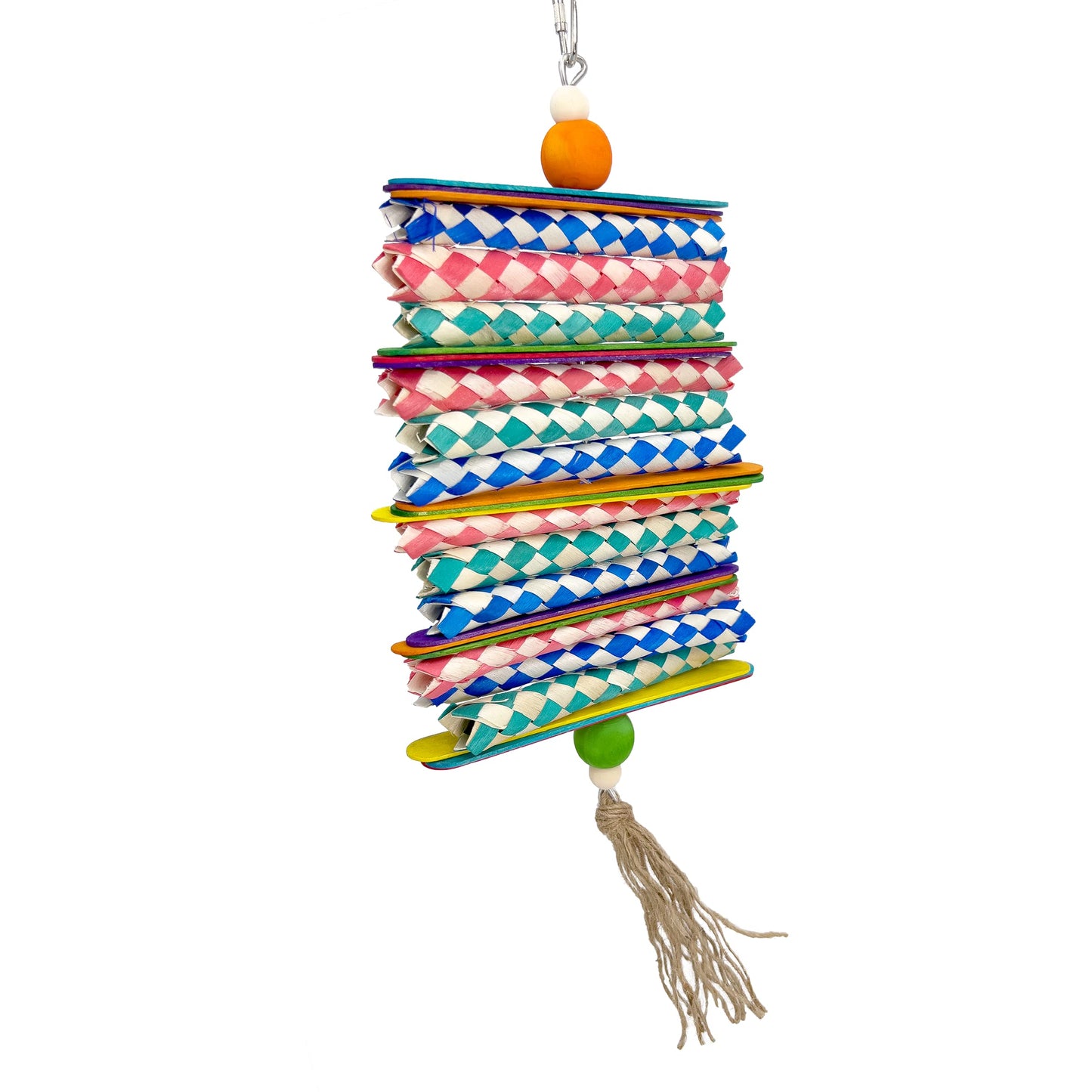 1114 Rainbow Chew Stack - Handcrafted Colorful chewable Bird cage Toy Soft Bamboo Finger Traps Chewy Wood slats Natural Jute Twine Large Wood Beads Changes Shape Great Fun for med pet Birds