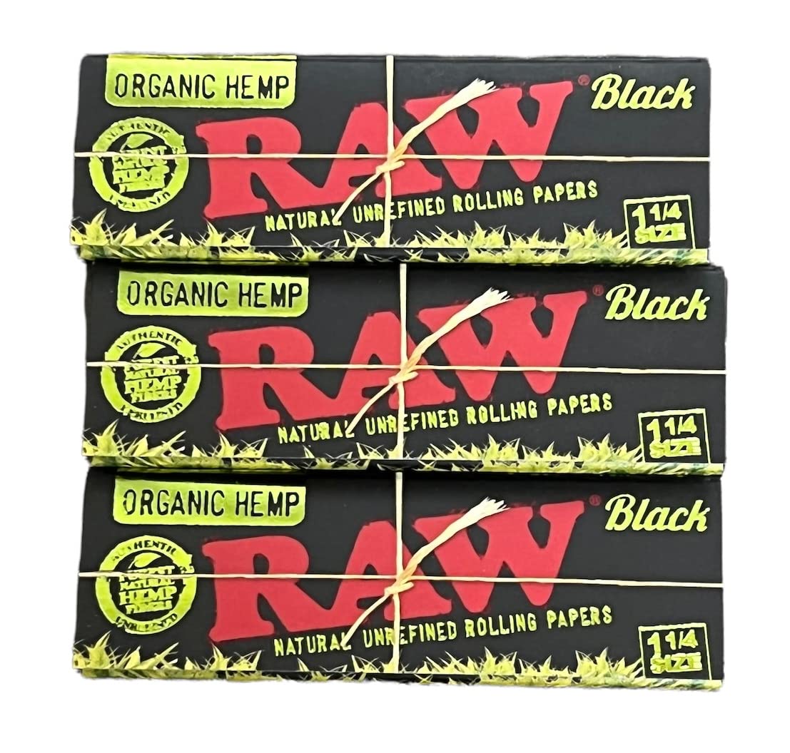 Raw Black Organic Rolling Paper 1 1/4 SizeNatural Unrefined + RSV Scoop Card (3 Packs)