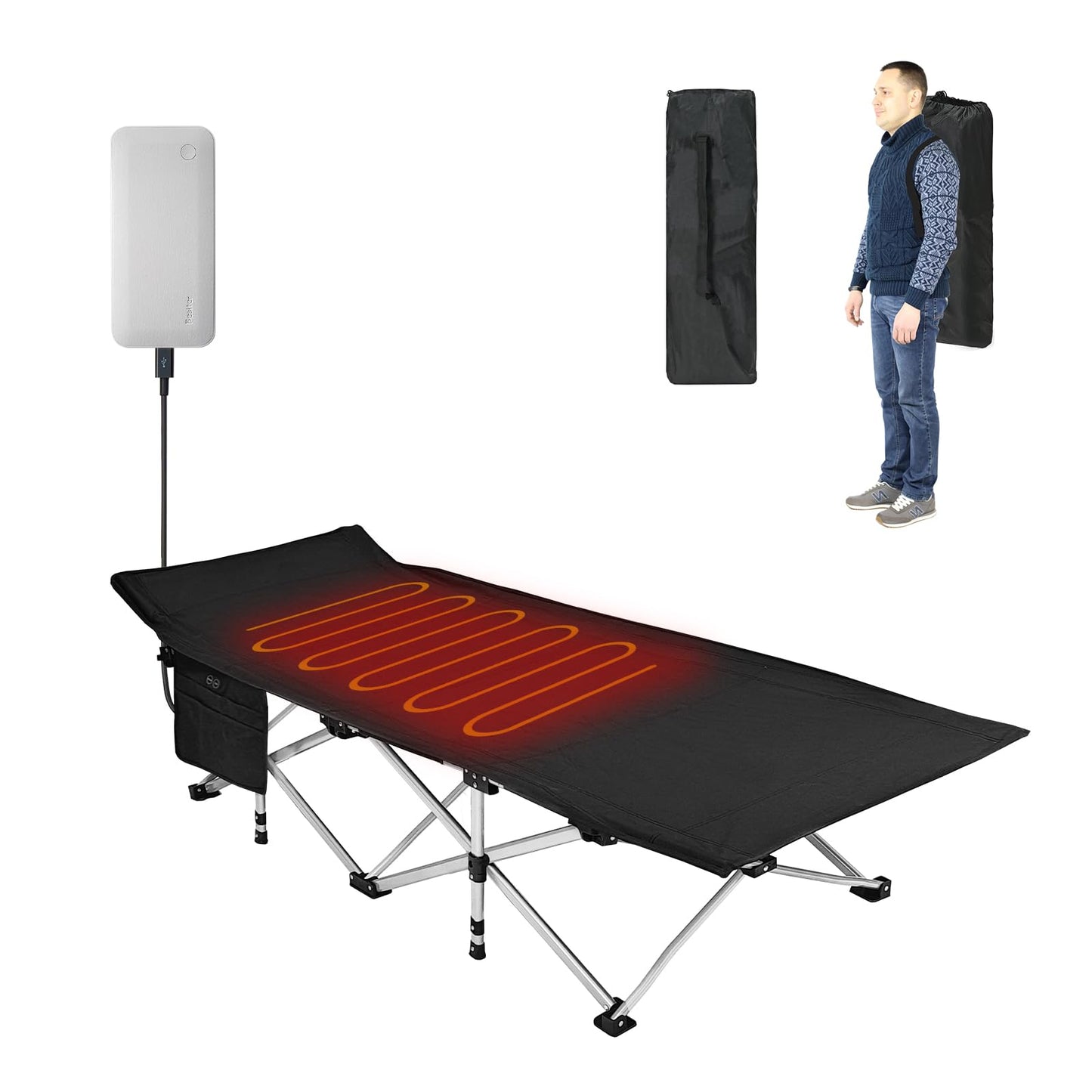 BESTHLS Heated Camping Cot for Adult 600D Oxford Portable Sturdy Sleeping Cot with Carry Bag Portable Cots for for Home Office Nap Beach Travel Black