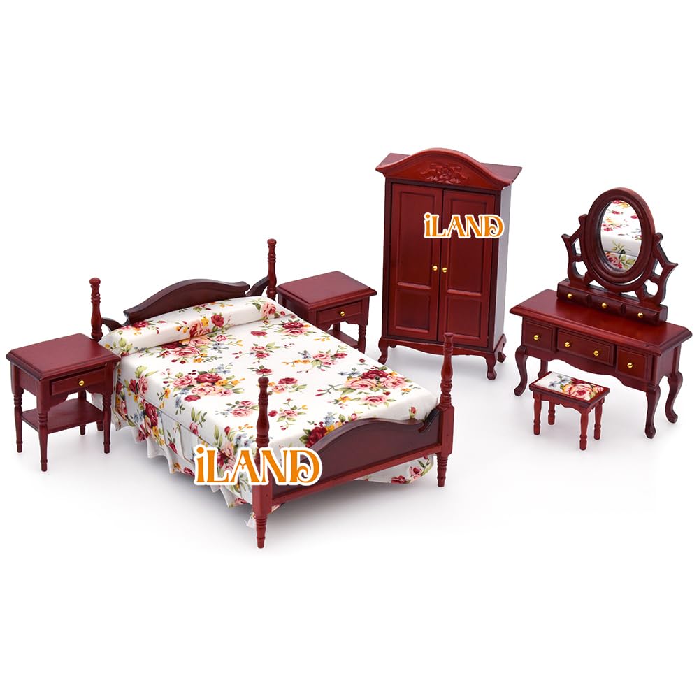 iLAND Wooden Dollhouse Furniture 1/12 Scale Dollhouse Bedroom Furniture in Mahogany Color incl Dollhouse Bed & Dressing Table & Wardrobe (Classical Miniature Furniture 6pcs)