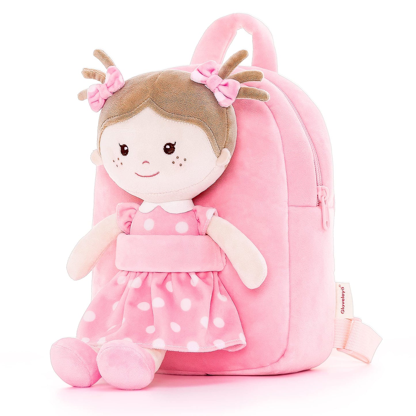 Onetoo Toddler Backpack Kids Backpacks with Soft Light Baby Dolls in Pink Polka Dots Dress 9.5"