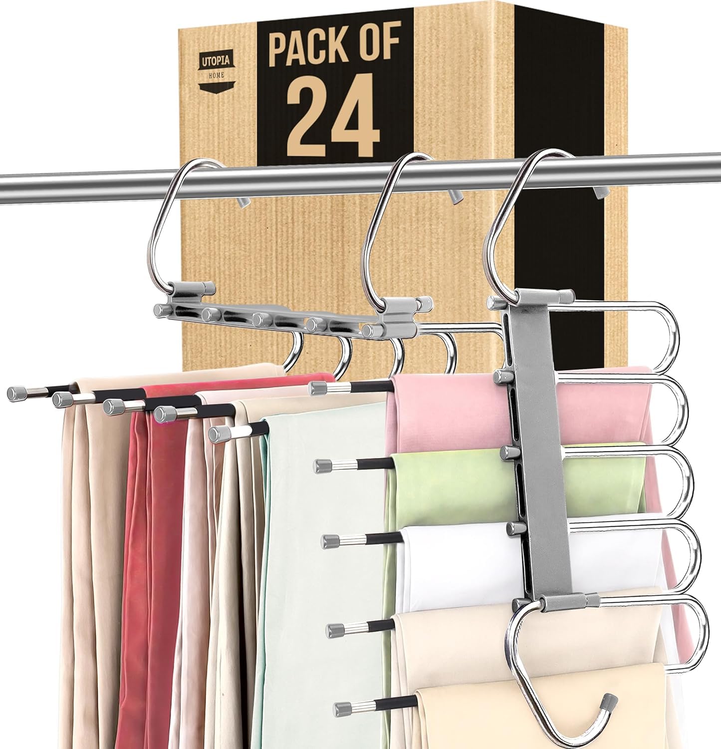 Utopia Home 24 Pack Pants Hangers Space Saving - Clothes Hanger with S-Type Stainless Steel Hook & Anti-Slip Design - Closet Organizer for Jeans Trousers Skirts Scarf & Slacks (Grey)