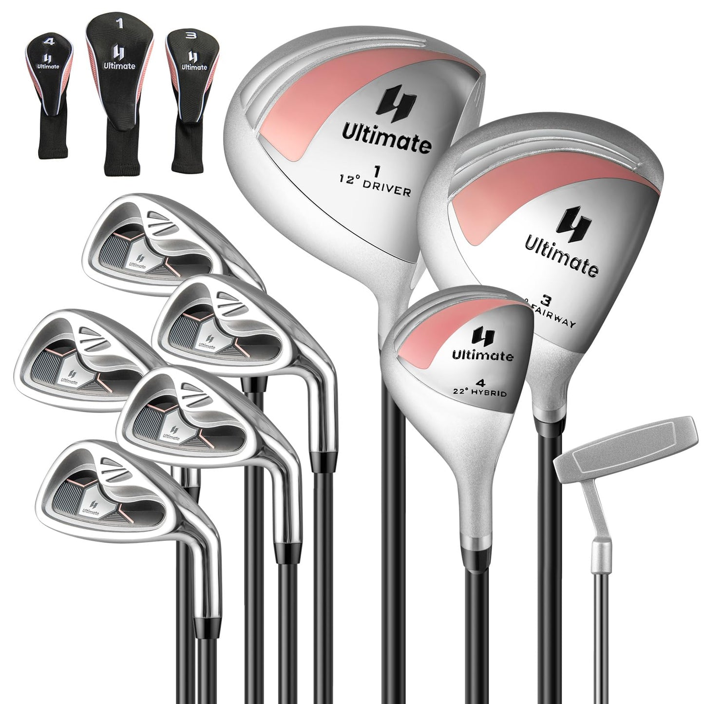 GYMAX Complete Golf Club Set for Women 12 PCS Right Hand Golf Set with #1 Driver & #3 Fairway & #4 Hybrid & #6/#7/#8/#9/#P Irons Putter & Head Covers Ladies Golf Clubs Full Set (Pink Clubs Only)