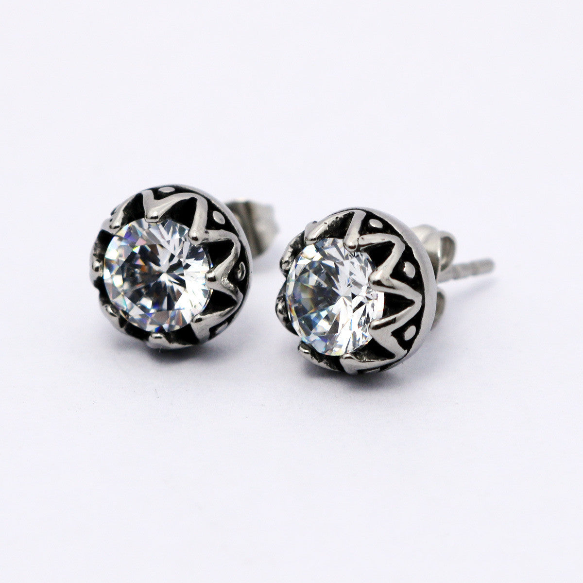 Vintage Titanium Steel Crown Earrings with Diamonds
