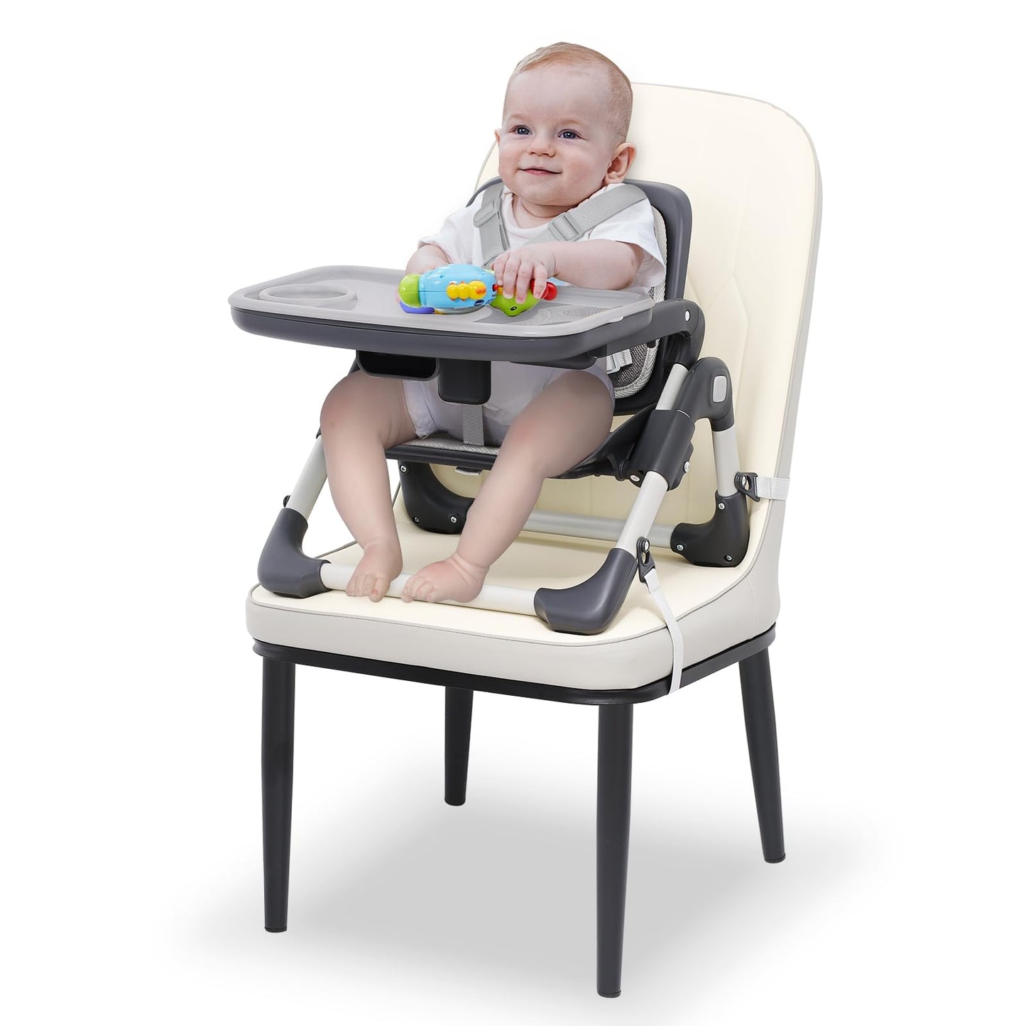 Toddler Booster Seat for Dining Table Portable Baby Chair with Tray Height Adjustable & 5 Point Harness Foldable Travel Booster Seat for Indoor/Outdoor - Infant Seats for Sitting Up