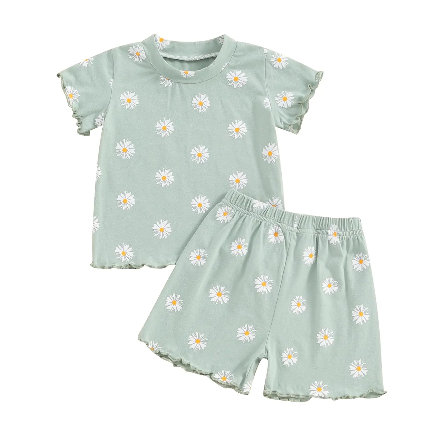 fhutpw Toddler Baby Girls Summer Outfits Daisy Ruffle Short Sleeve T-Shirts Tops Floral Shorts 2Pcs Clothes Set 6M-4T (A Daisy Green 6-12 Months)