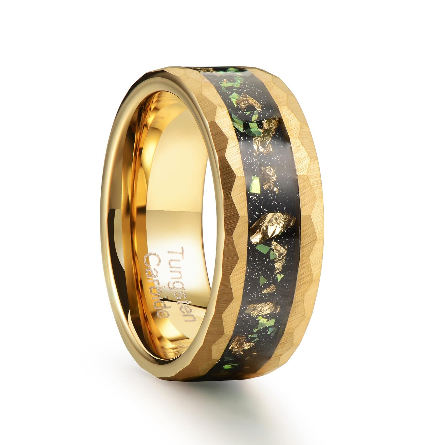 Zillaly 8mm Mens Tungsten Carbide Ring Gold/Black Hammered Meteorite Shavings Gold Foil Inlay Galaxy Nebula Green Opal Engagement Wedding Ring Matte Finish Comfortable Fit