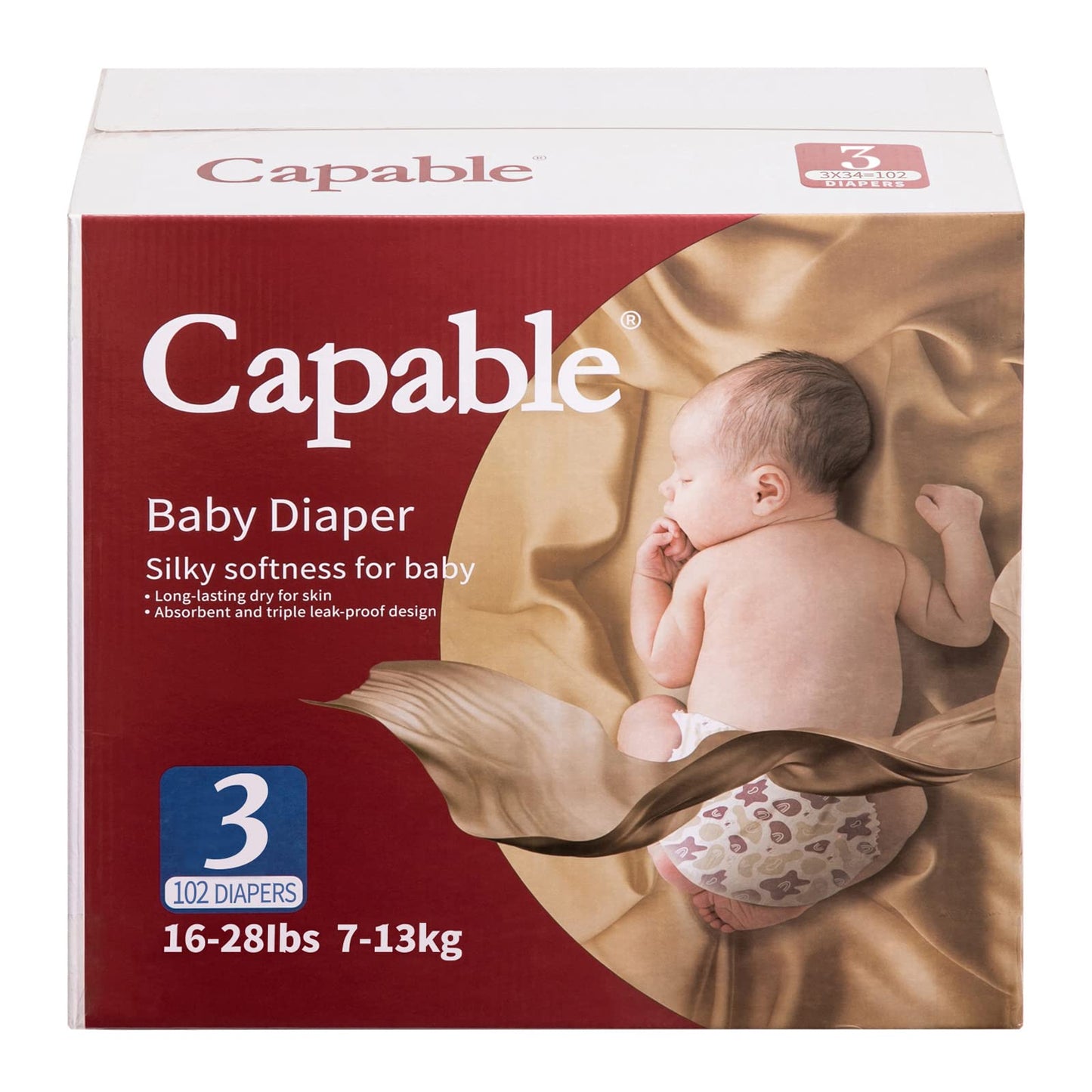 Capable Newborn Diapers Size 3 102 Count Triple Leak-Proof Baby Diapers Hypoallergenic Disposable Diapers with Wetness Indicator Extra-Absorbent Light and Snug