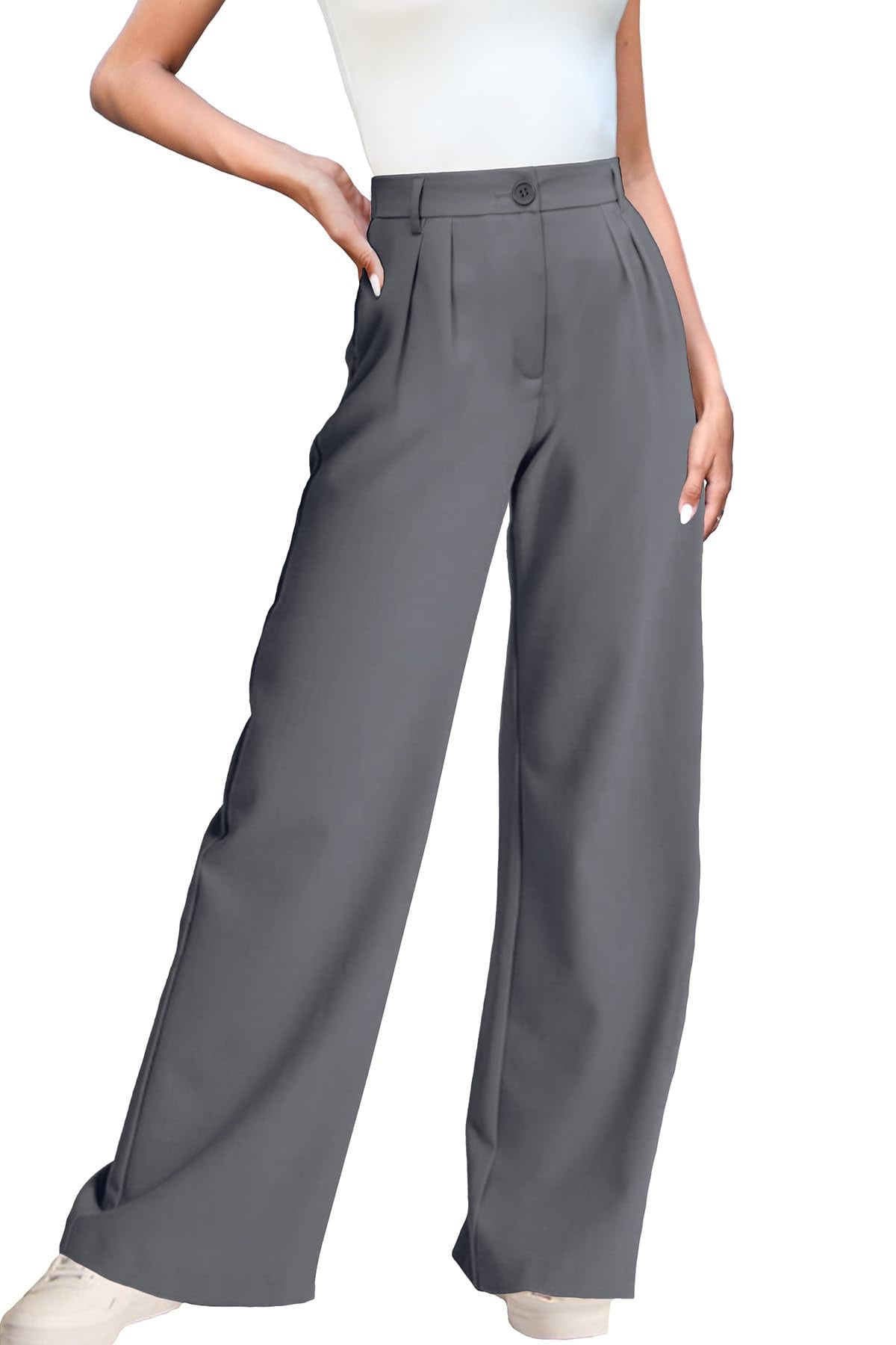 ELLEVEN Work Pants Women Wide Leg Dress Pants Business Casual Palazzo Flowy Trousers Elastic High Waisted Suit Slacks Dressy Office Trousers with Pleats Grey X-Large