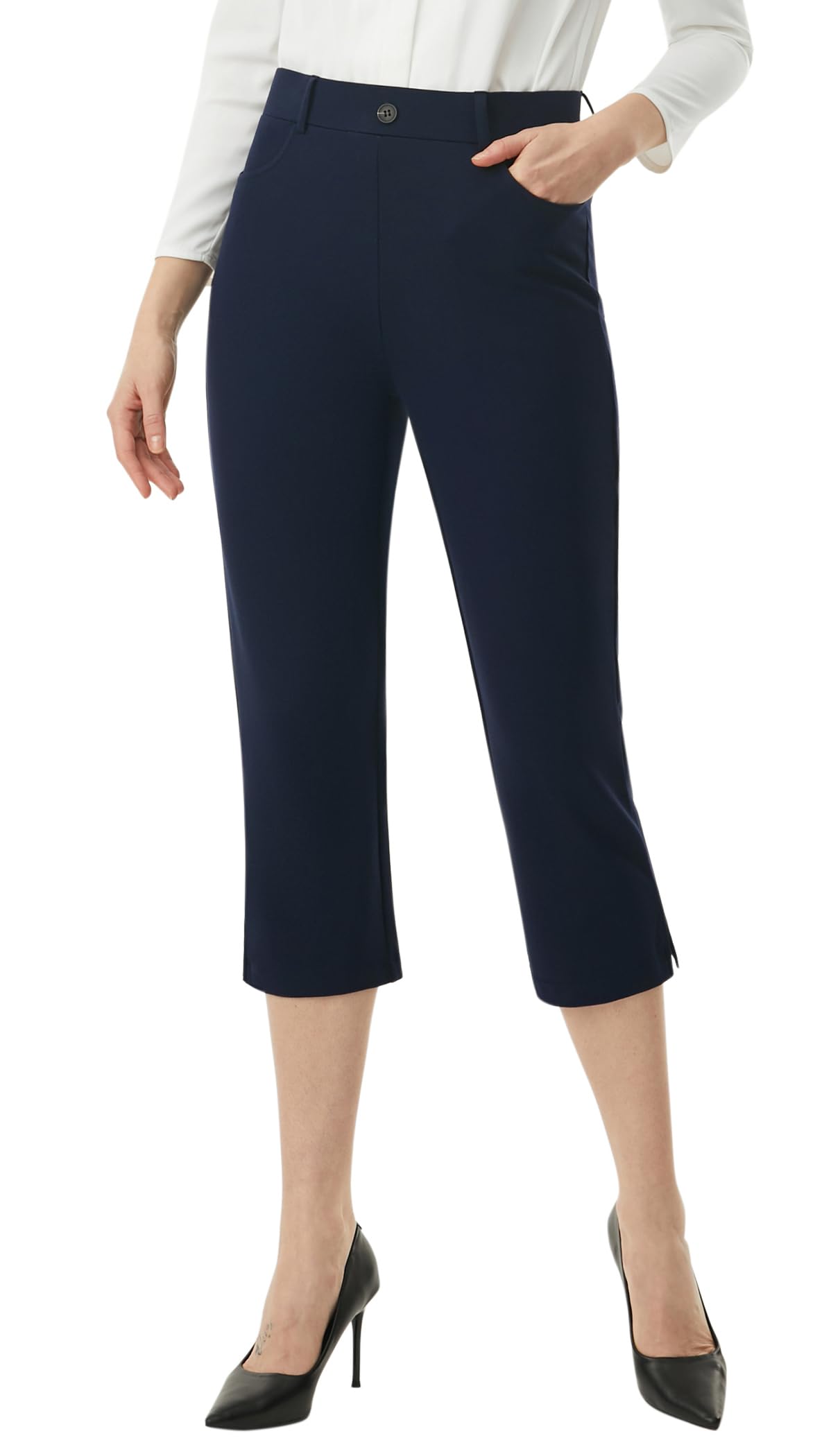 AFITNE Womens Capri Pants Stretch Dress Yoga Capris with Pockets High Waist Pull On Business Work Casual Cropped Slacks 21" Navy XL