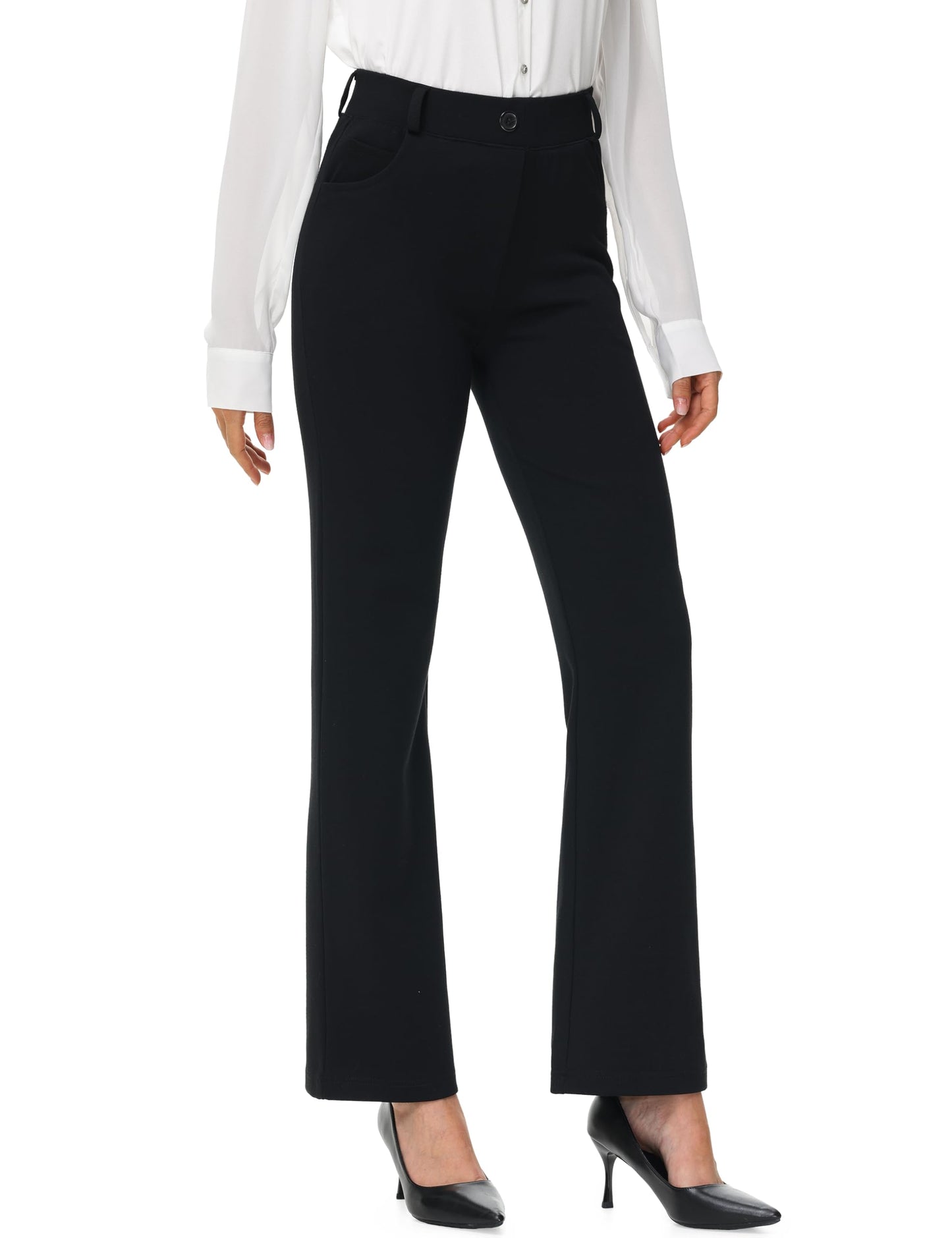 URBEST Womens Stretchy Straight Leg Dress Work Pants 28"/30"/32" Business Office Casual Slacks with Pockets Black