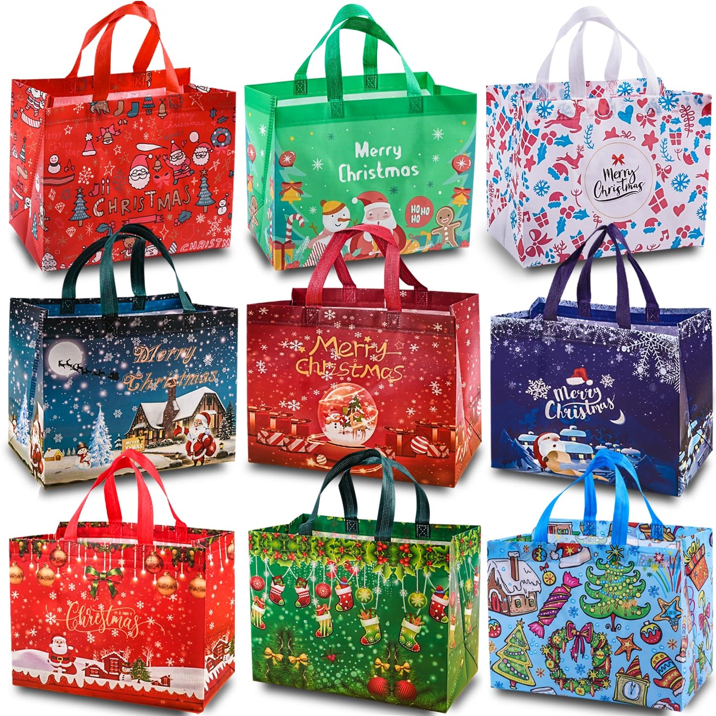 JWSCYSY 9Pcs Christmas Gift Bags Christmas Tote Bags with Handles Reusable Non-Woven Shopping Bags for Xmas Gifts Wrapping Holiday Party Supplies 12.8"×9.8"×6.7"