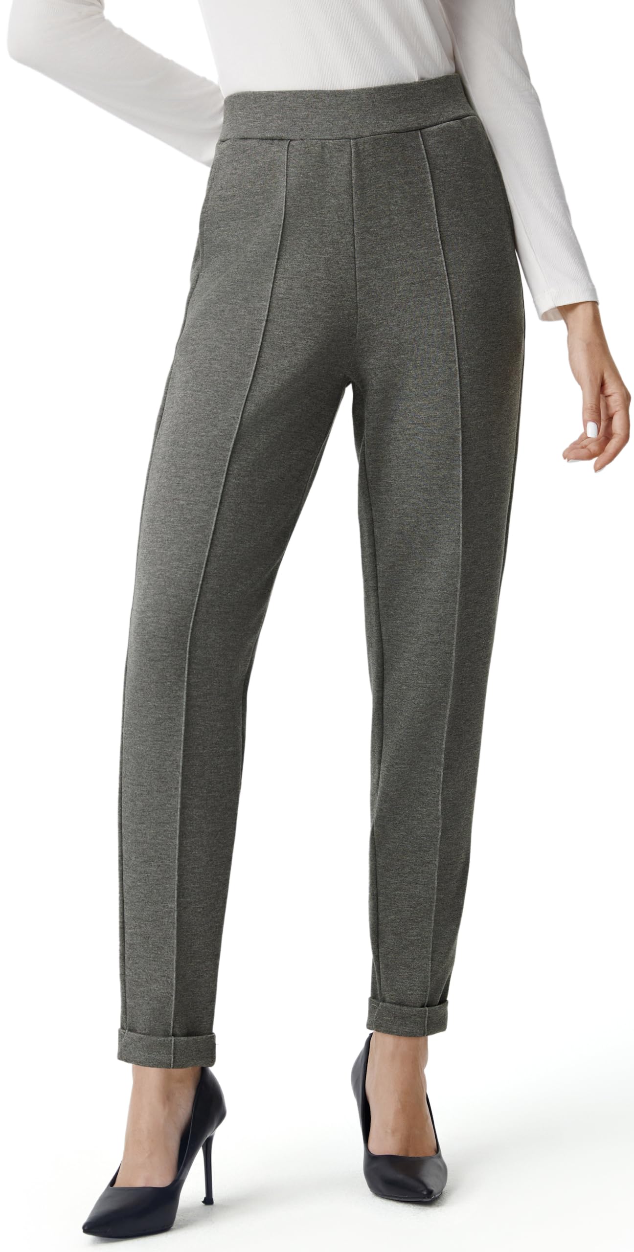 AFITNE Women’s Dress Pants High Elastic Waisted Stretchy Pull On Business Casual Pants Soft Comfy Front Line Slacks Cute Work Office Pants Trendy Trousers with Pockets Charcoal 30" M