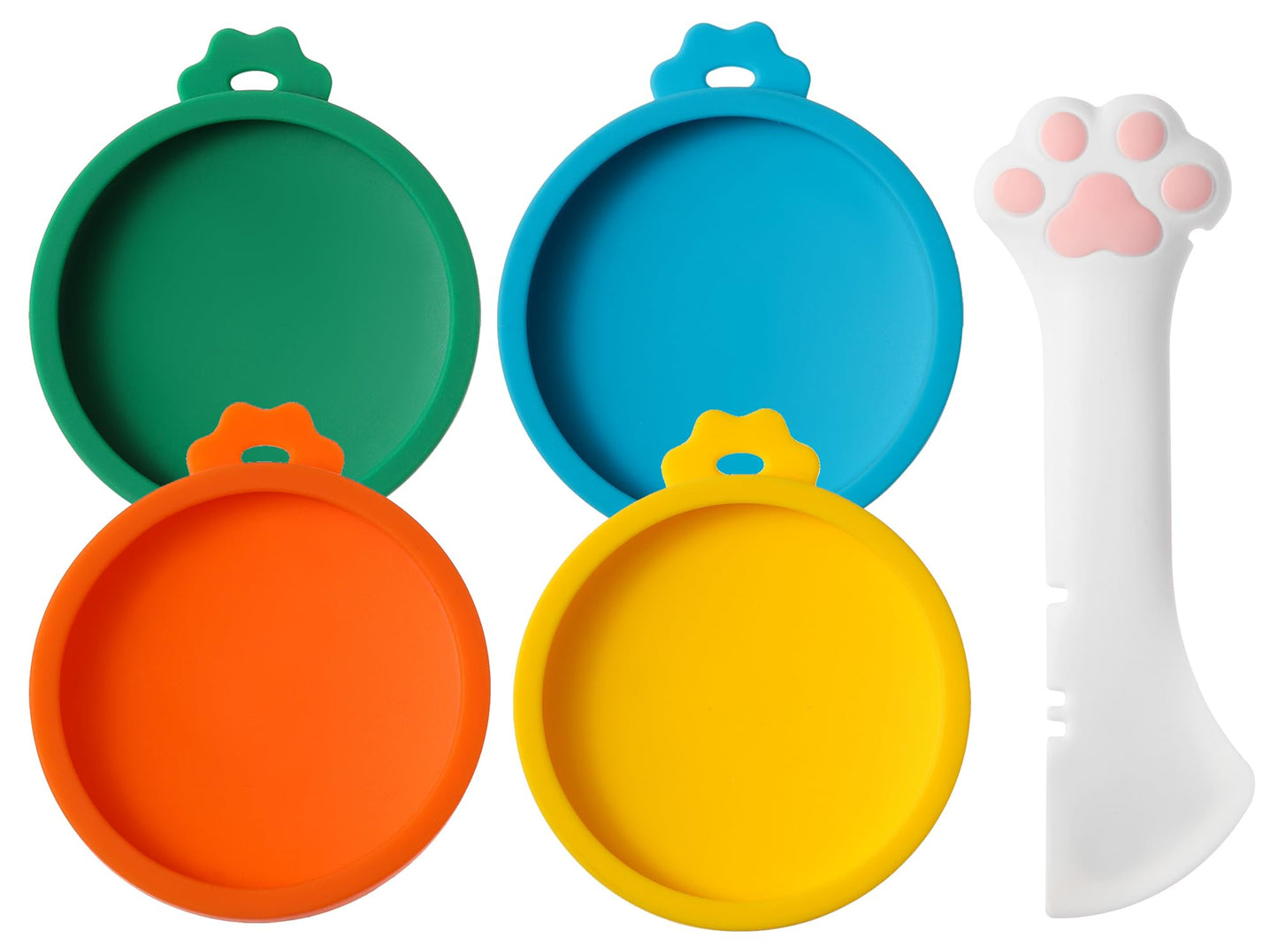 Joyinjojo Cat Food Can Lids with Cat Food Spoon 4 Pack Small Silicone Pet Food Can Covers Lids for Cat Food Cans 3 oz Multi-Functional Cat Spoon Can Opener Spatula for Canned Wet Food