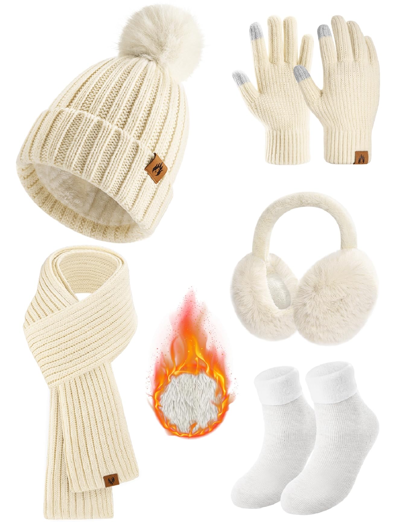 HEEKPEK Winter Beanie Hats Scarf Gloves Ear Muffs Fuzzy Socks 5pcs Set for Women Cold Weather Beanies Touch Screen Gloves