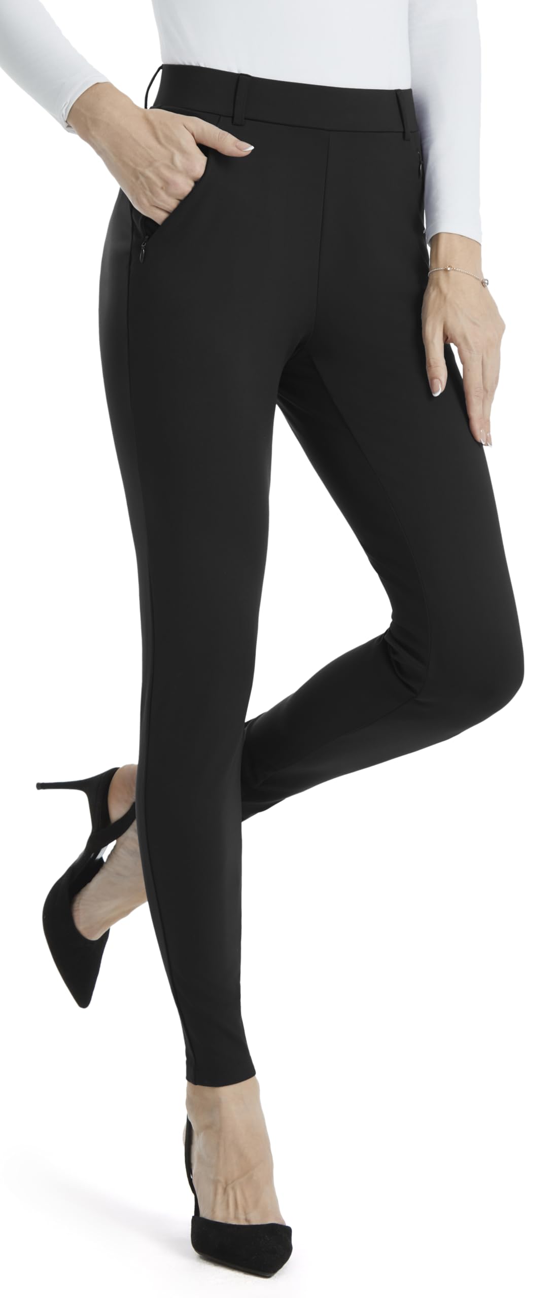 AFITNE Women’s Yoga Dress Pants High Waisted Pull On Skinny Work Slacks Slim Fit Stretch Office Casual Pants with Belt Loops 2 Pockets Black 28"