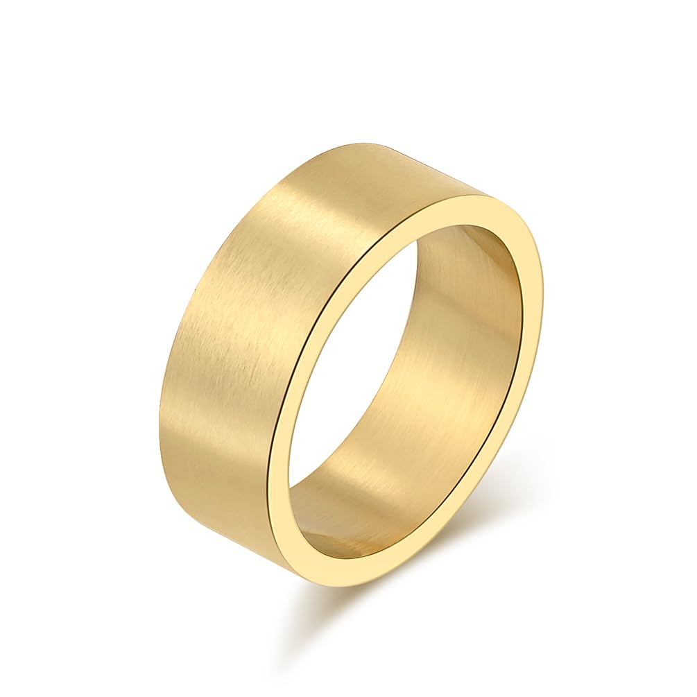 INRENG Mens Womens Stainless Steel Ring Fashion Cool Plain Band Matte Brushed Finish Flat Top 8mm Gold Size 12