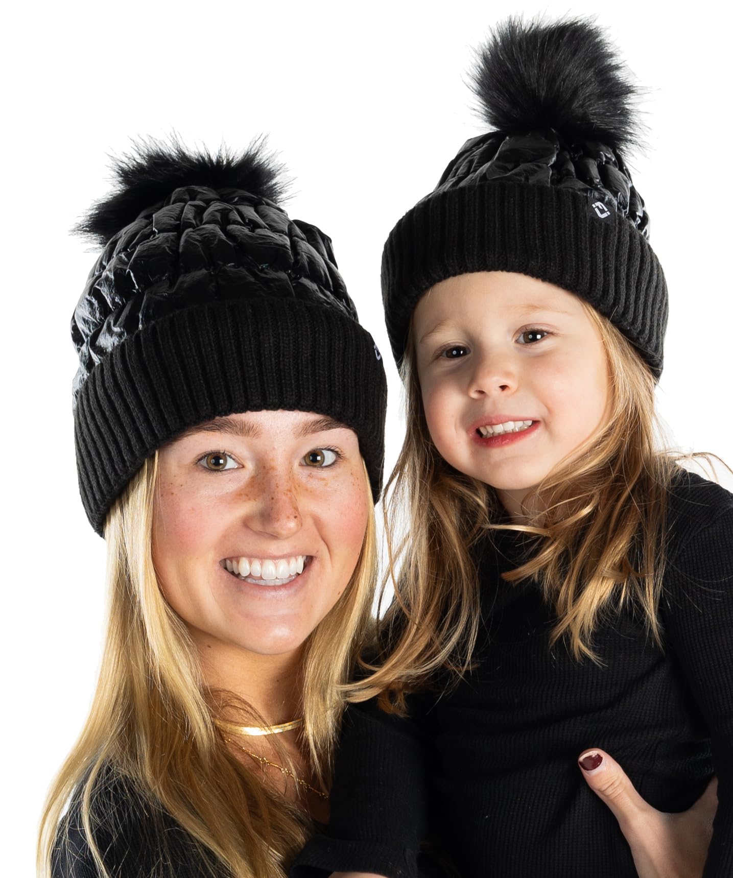 Funky Junque Mom and Me Matching Puffer Pom Hat Beanies Set for Women and Kids Black (2 Pack)