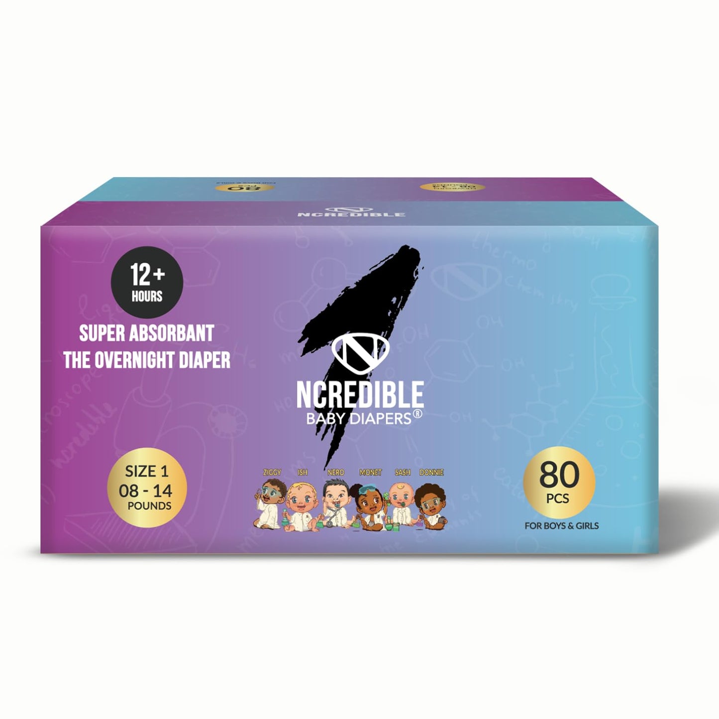 NCREDIBLE Diapers Overnight Baby Diapers 12+ Hour Use Size 1 (8-14 lbs) 80 Count Disposable Baby Diapers Night Time Skin Protection