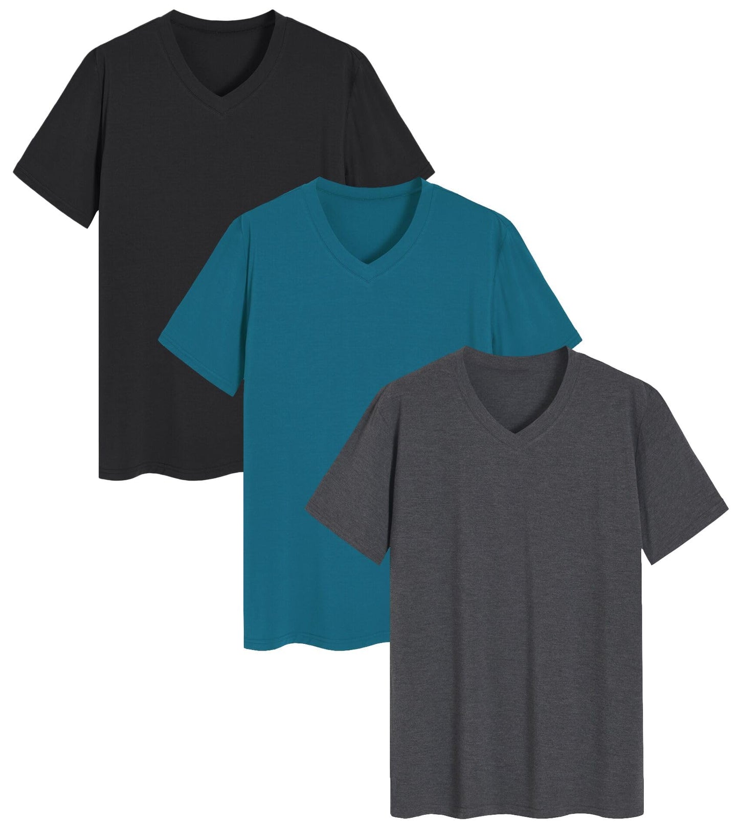 Latuza Mens Viscose Sleep Shirt Soft V-Neck Pajama Tops 3 Pack L Black Teal Dark Gray