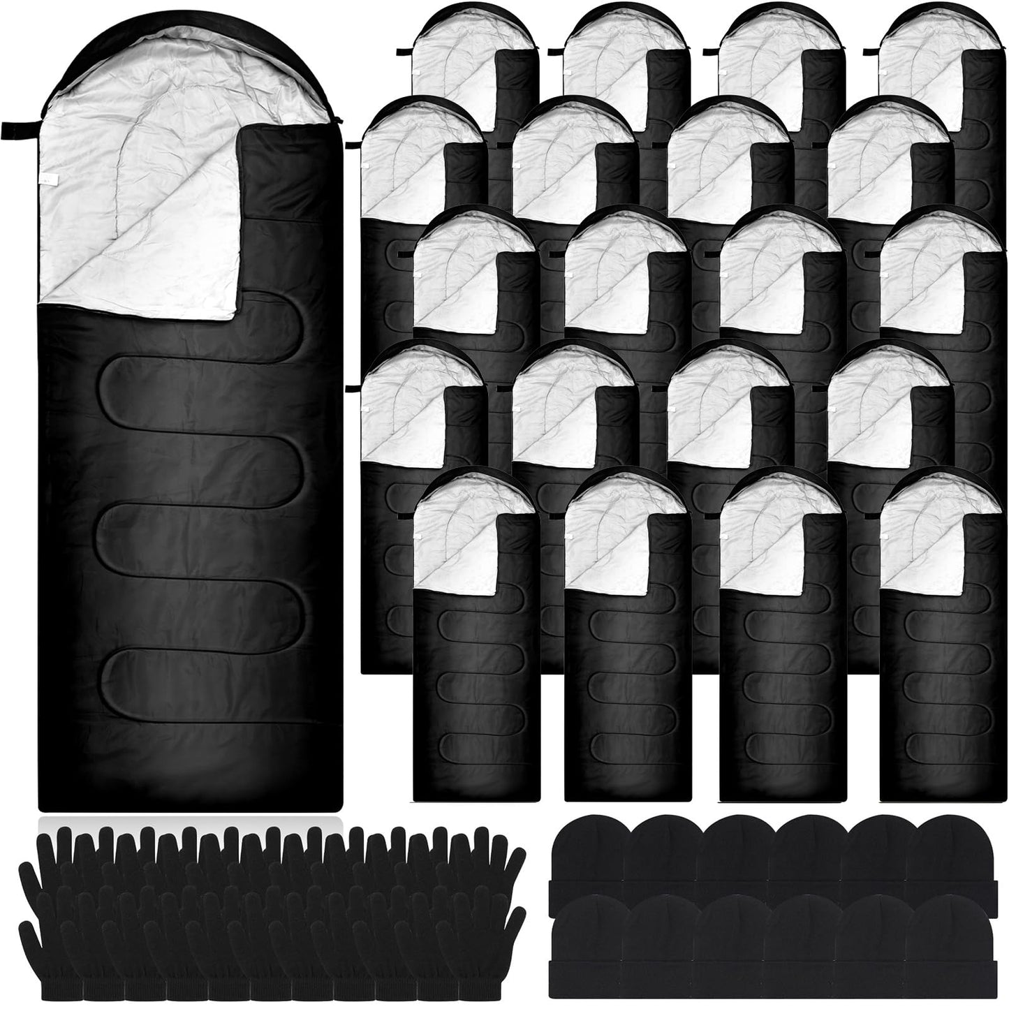 Tranqun 10 Set Sleeping Bags for Adult with Winter Beanies Gloves Set Cotton Liner Camping Sleeping Bag Waterproof Warm Lightweight for Backpacking Camping Indoor Outdoor Homeless People (Black)