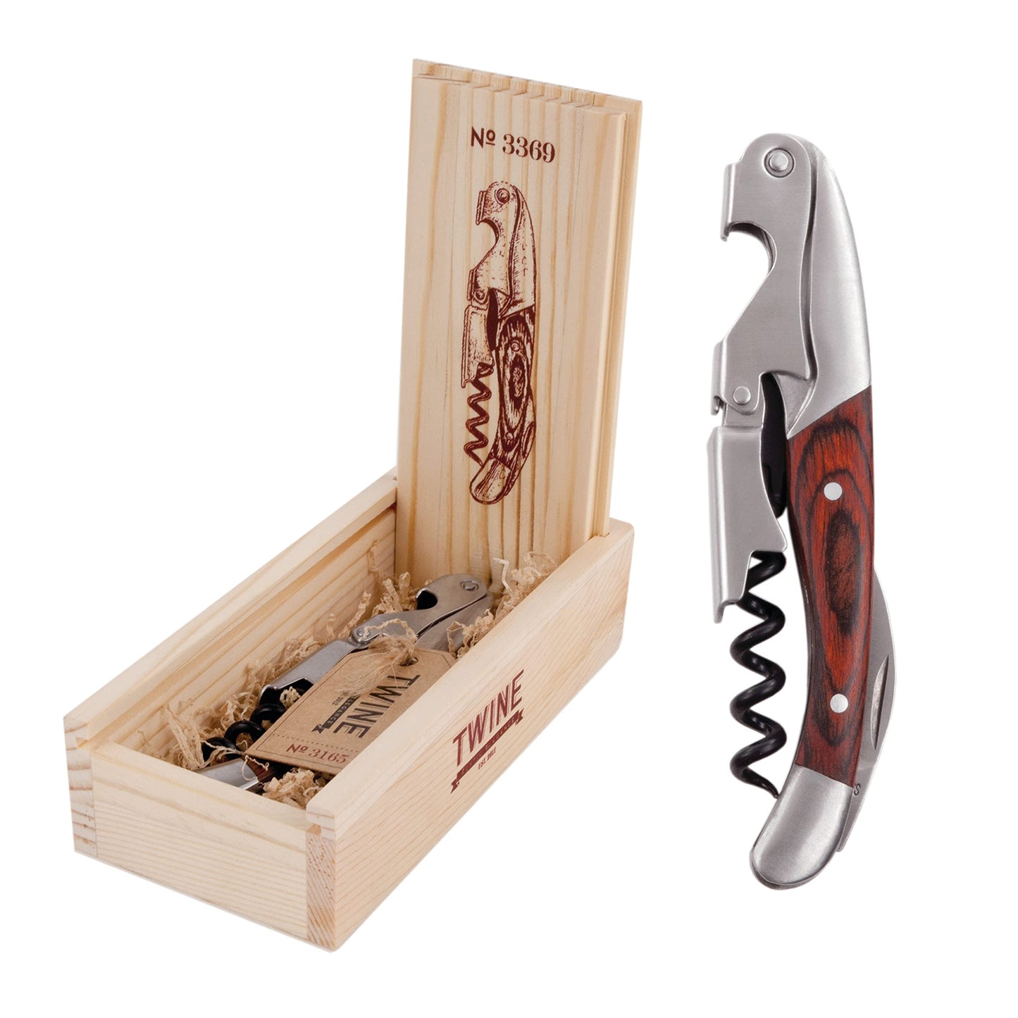 Twine Double Hinged Waiters Corkscrew Opener with Foil Cutter in Wooden Gift Box Premium Manual Wine Key with Smooth Polished Rosewood Handle Set of 1 Wood