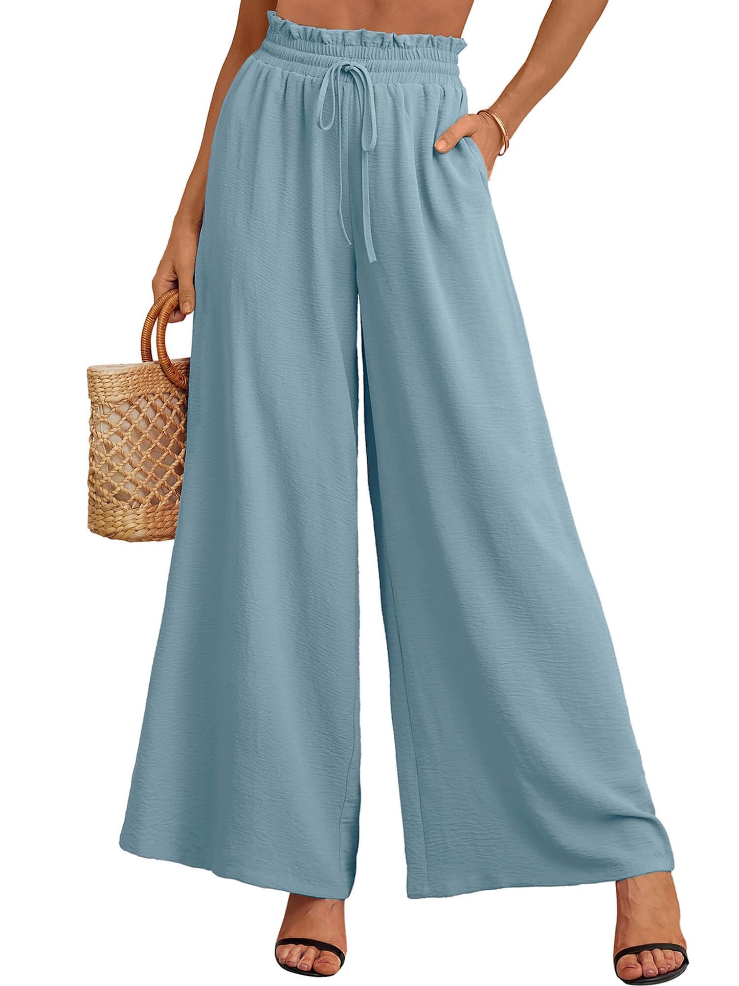 Heymoments Womens Wide Leg Dress Pants with Pockets Blue Gray Small Lightweight Elastic High Waisted Adjustable Tie Knot Flowy Loose Slacks Lounge Casual Ladies Beach Pleated Trousers