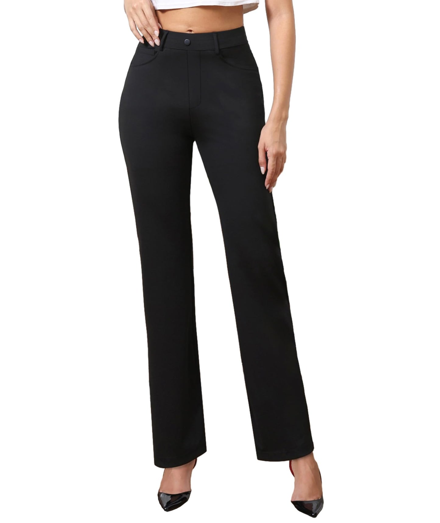 Agenlulu High Waisted Dress Pants for Women Tall Straight Leg Pull On Black Work Slacks 32" Navy Blue