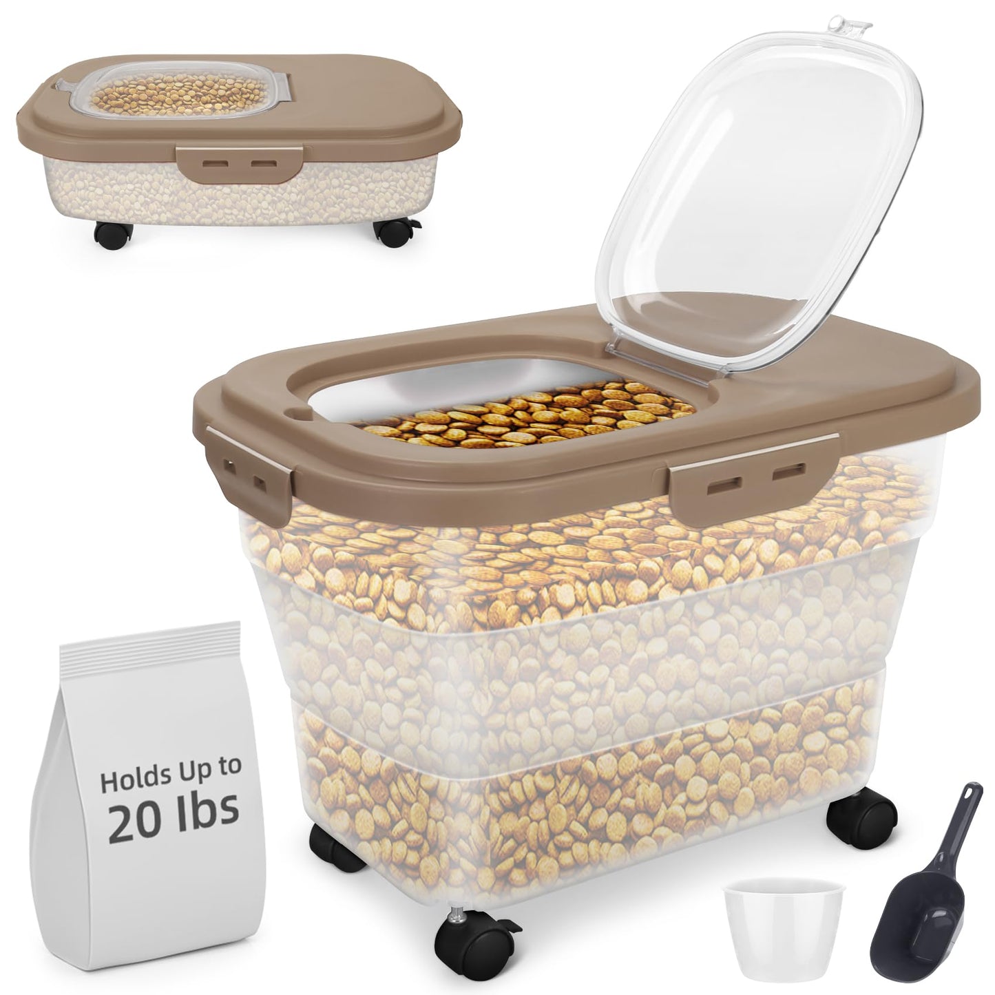 YECERCAN Airtight Pet Food Container Collapsible Dog Food Storage Container 15-20 lb with Castors Plastic Dog Food Bin with Pet Food Scoop & Measuring Cup for Dry Food Storage