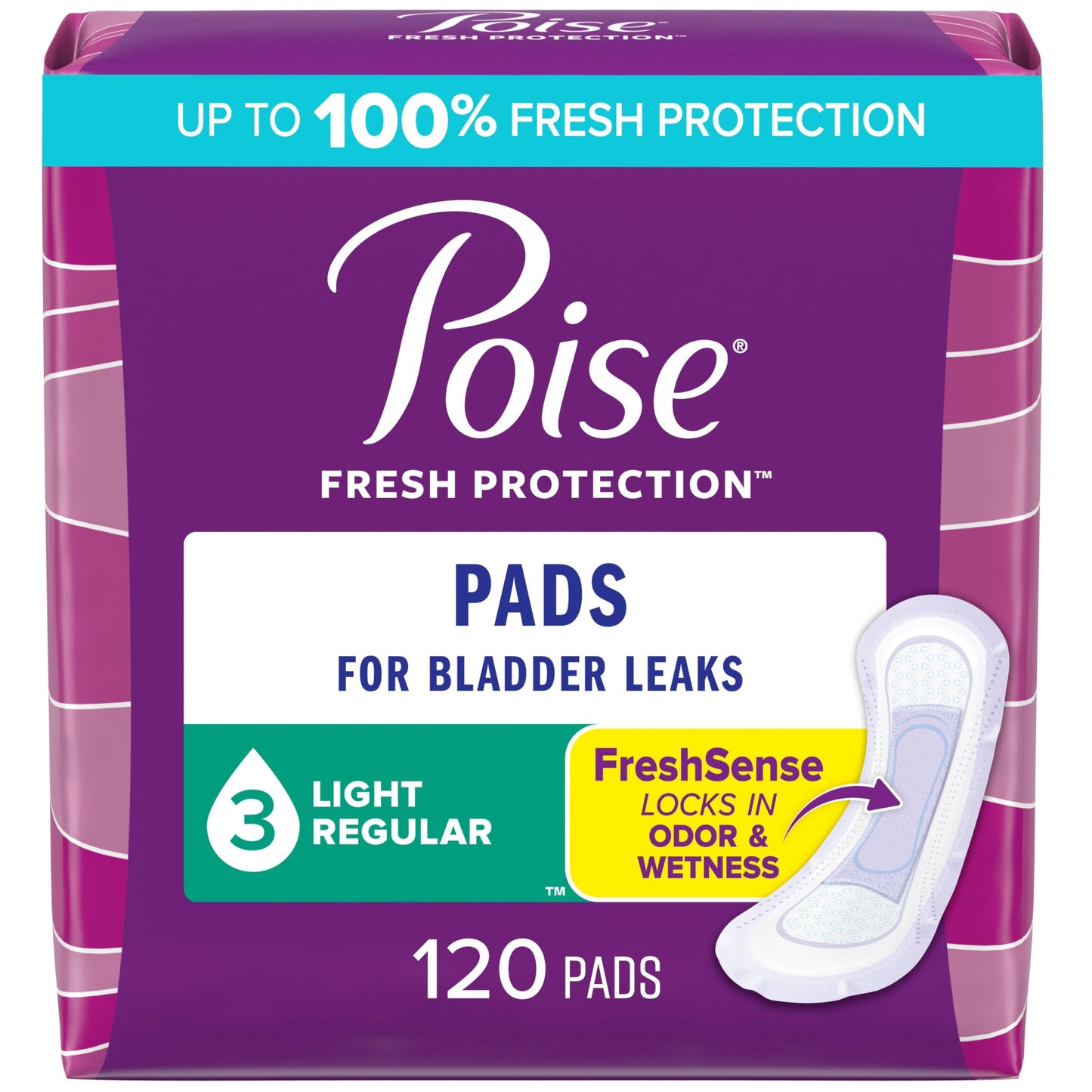 Poise Incontinence Pads Light Absorbency Regular Length 120 Count (4 Packs of 30)