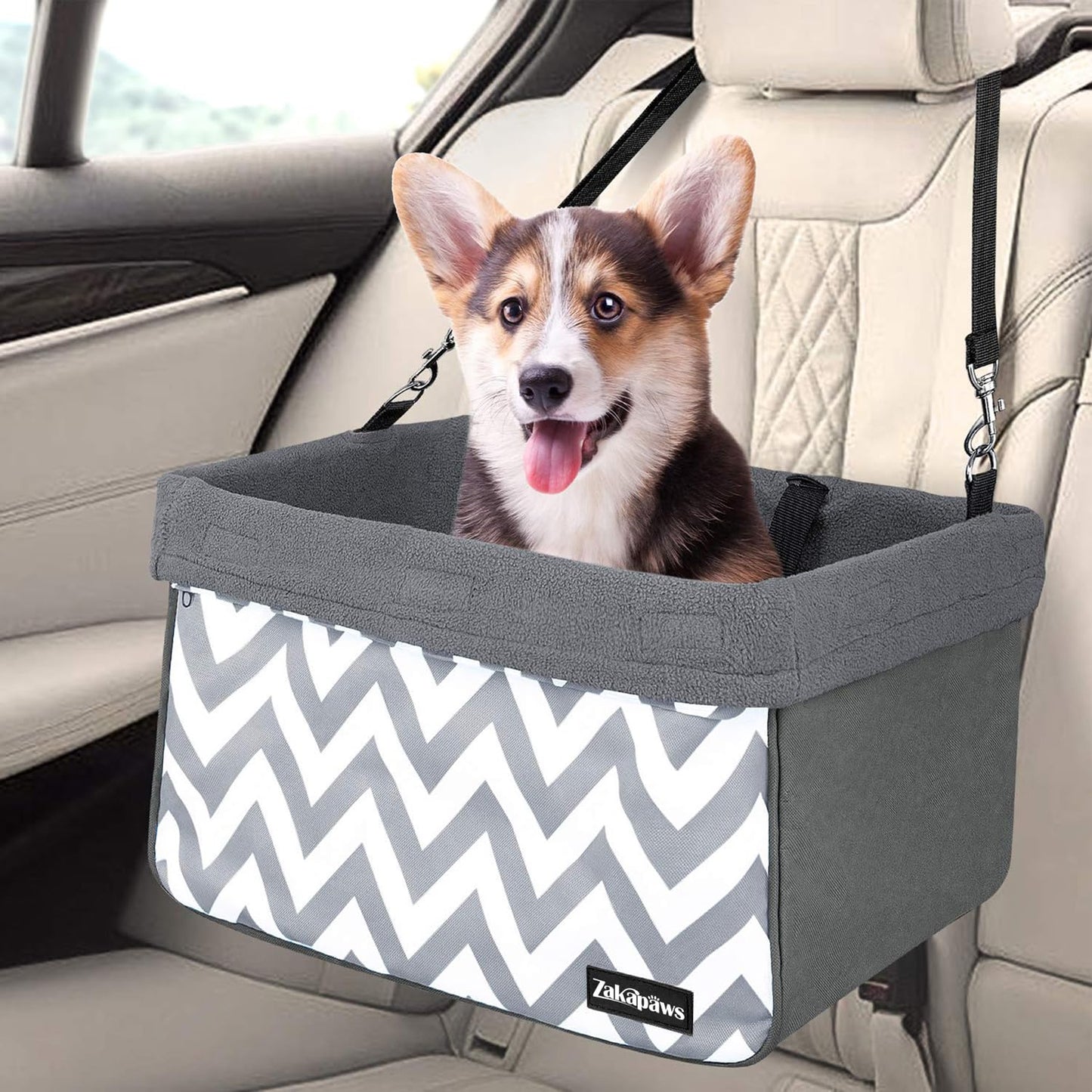 ZAKAPAWS Car Travel Dog Booster Seats Portable and Breathable Pet Seats Dog Carrier with Seat Belt Travel Safety Lookout Dog Booster Seat 16-in (Grey Stripe)