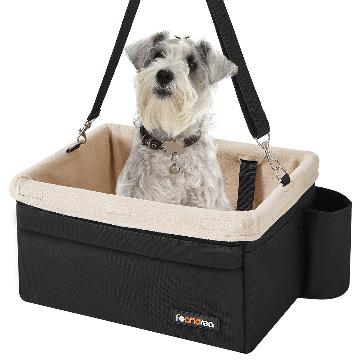 Feandrea Dog Car Seat Pet Booster Seat for Small Dogs up to 18 lb with Adjustable Straps Removable Washable Fleece Liner 4 Pockets for Front Seats Back Seats Black and Beige UPBS042B01