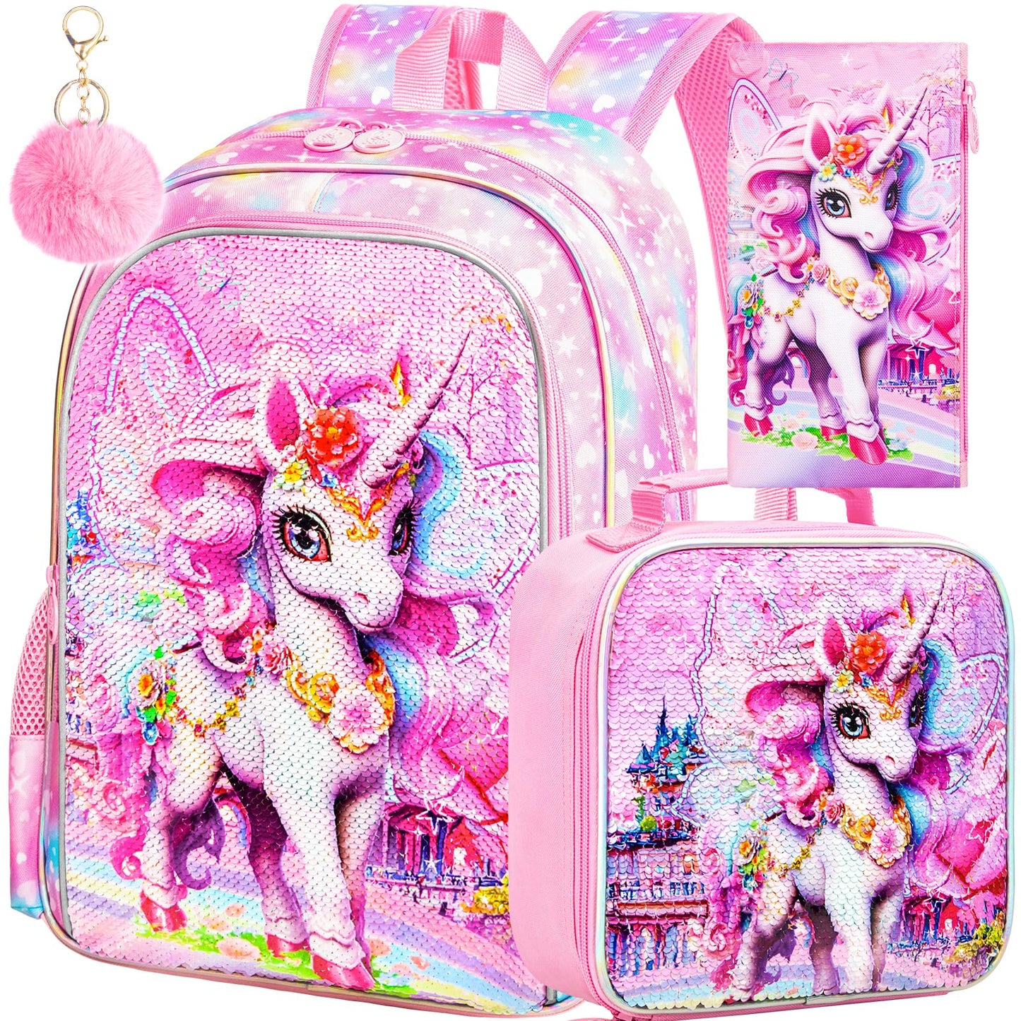 TXHVO 16" Unicorn Backpack 3Pcs Sequin School Bookbag for Girls with Lunch Box Kids Backpacks for Elementary Preschool Kindergarten(Pink)