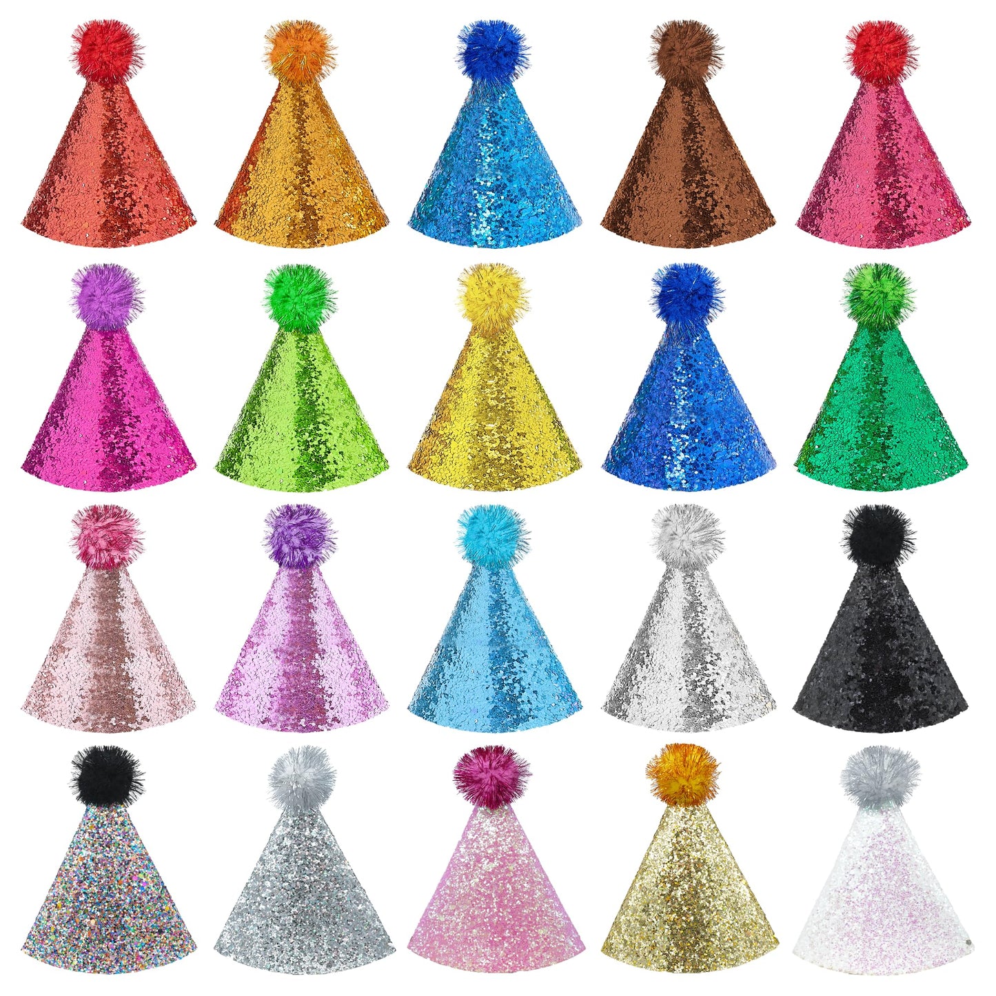 Pai Sence 20 PCS Glitter Cone Party Hats for Adults Happy Birthday Party Hats with Pom Poms Reusable Holiday Crayon Party Hats Diy Decorations M