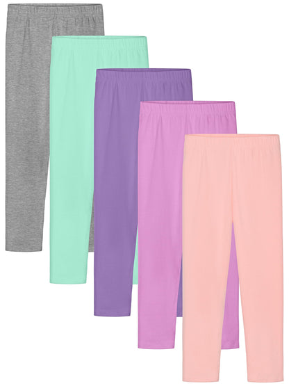 HIAHIF 5 Pack Girls Cotton Leggings Ankle Length Comfortable Leggings Stretch Pants Soft Cotton Leggings for Kids