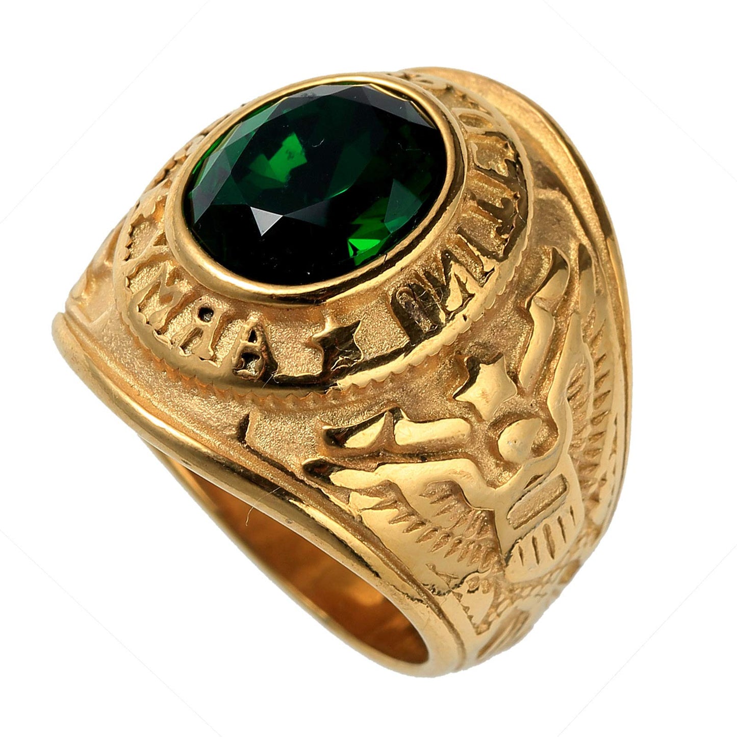 HIJONES Mens Vintage United States Army Full Gold Plated Stainless Steel Stone Ring Green Size 9