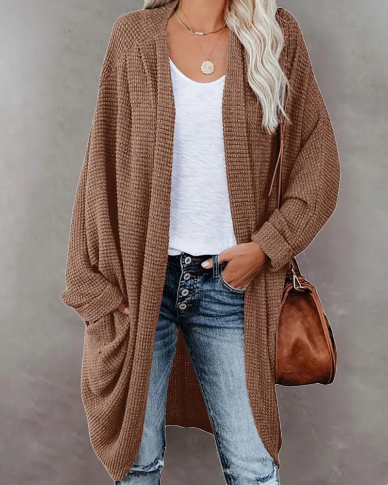 Solid Color Long Knit Cardigan with Pockets