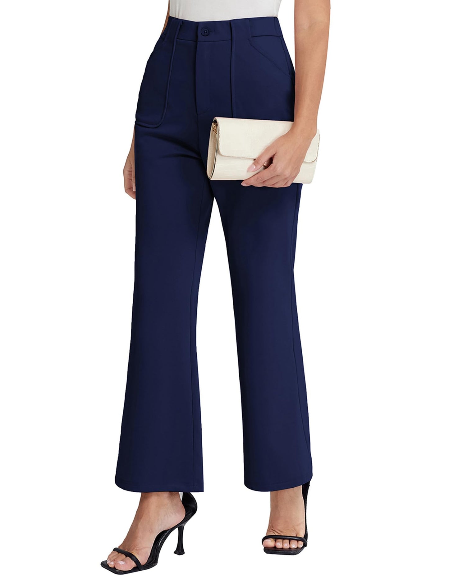 Womens Casual Work Pants High Waisted Business Trousers Flare Lounge Trendy Slacks with Pockets Navy Blue XL