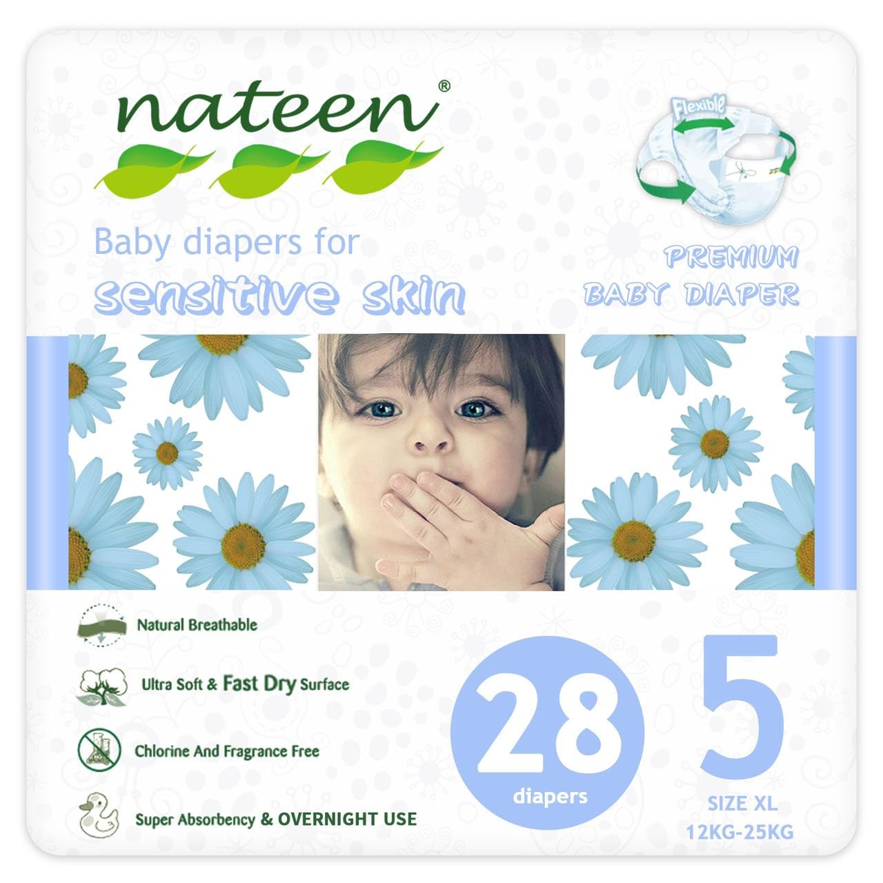 Nateen Premium Baby Diapers Size 5Overnight Use Disposable Diapers for Sensitive Skin Ultra Thin Diapers with Comfortable Fit28 Count