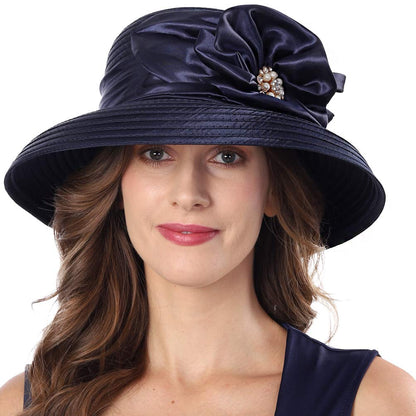 FORBUSITE Church Hats for Women Kentucky Derby Hats 1950s 20s with Rhinestone Wide Brim Navy Blue