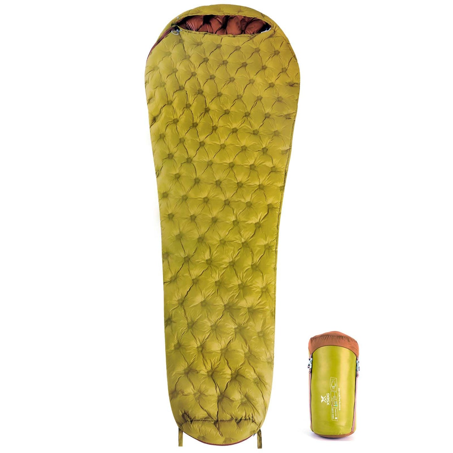 Xsog Ultralight Down Sleeping Bag for Adults 1.92lbs 32-55F 650 Fill Down Lightweight Compact Mummy Backpacking Sleeping Bag for Outdoor Camping and Hiking Compressible -MFH500 (Golden Palm)
