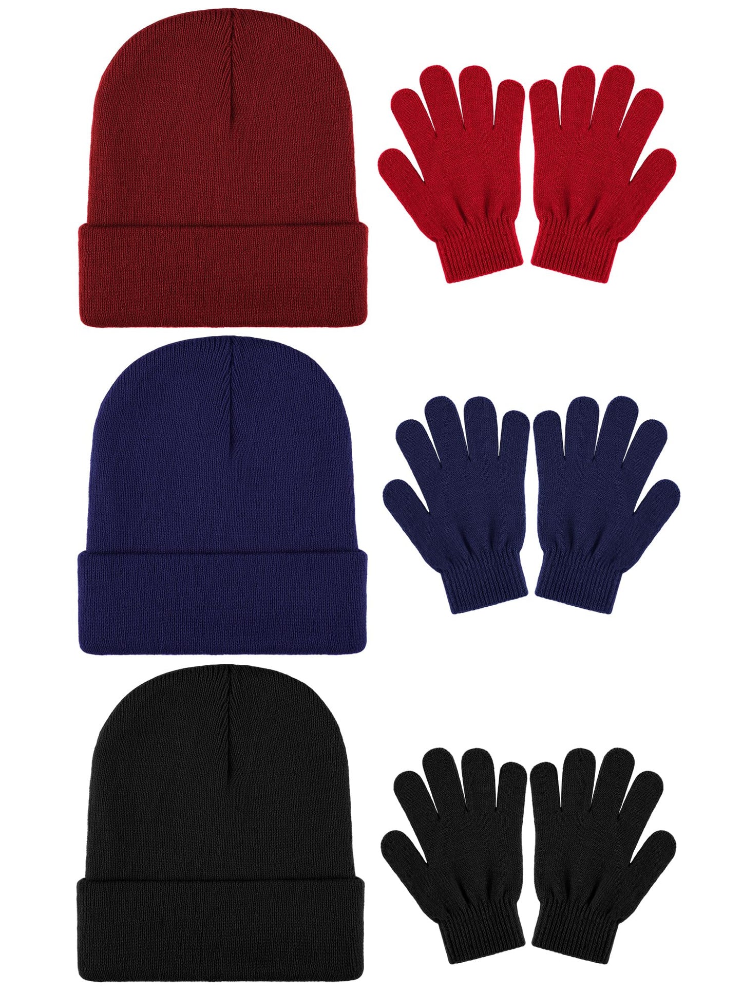 Cooraby 6 Pack Kids Winter Beanies Hat Full Fingers Gloves Set Skull Winter Caps Stretchy Gloves for Boys Girls