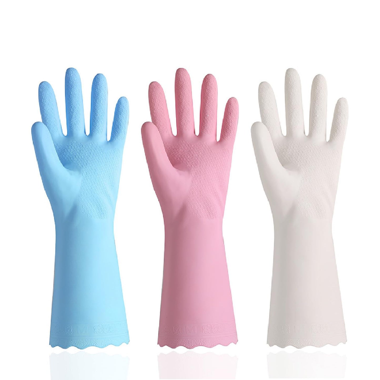KINGFINGER Household Cleaning Gloves 3 Pairs Reusable Rubber Gloves Cleaning Latex Free Dishwashing Gloves Flocked Cotton Liner Water Resistant Dish Gloves Medium(Blue White Pink)
