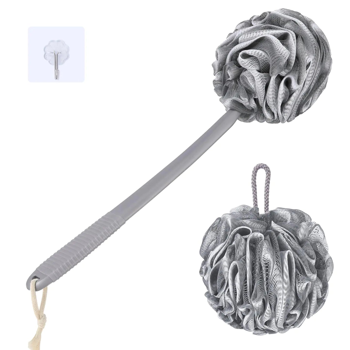 VANZAVANZU Loofah Sponge Set Back Scrubber for Shower Anti-Slip Plastic 17" Handle Loofah on a Stick with Fluffy Shower Sponge PE Soft Mesh Shower Loofahs-Gray with White Edge